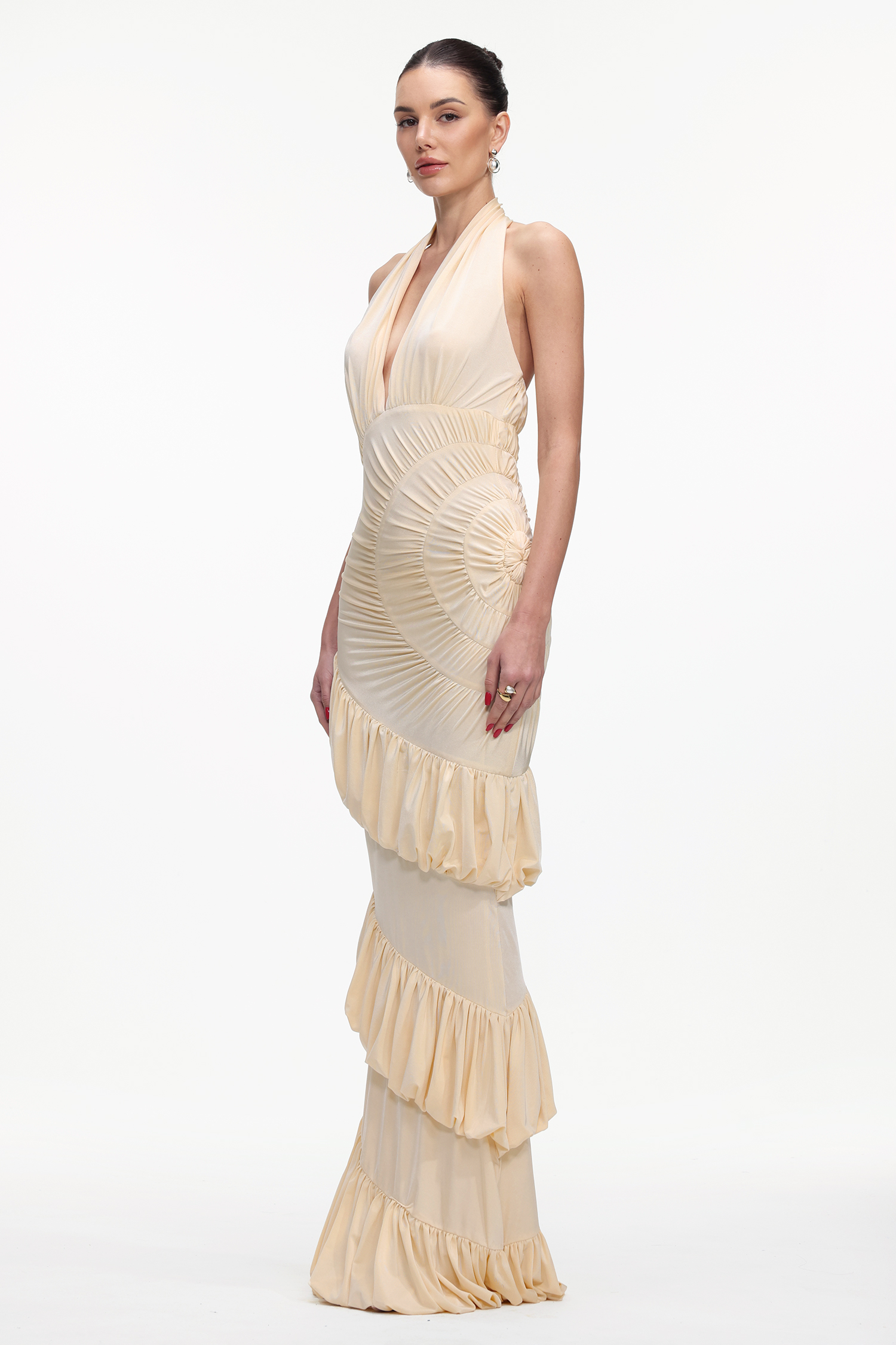 Joclyn Romantic Contour Halter Ruched Knit Maxi Dress