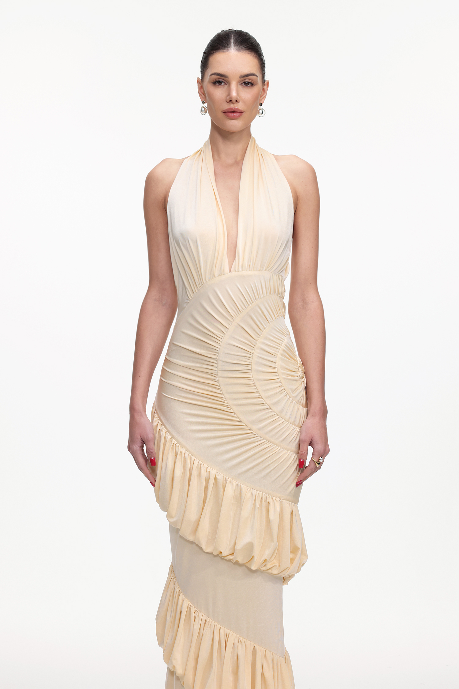 Joclyn Romantic Contour Halter Ruched Knit Maxi Dress