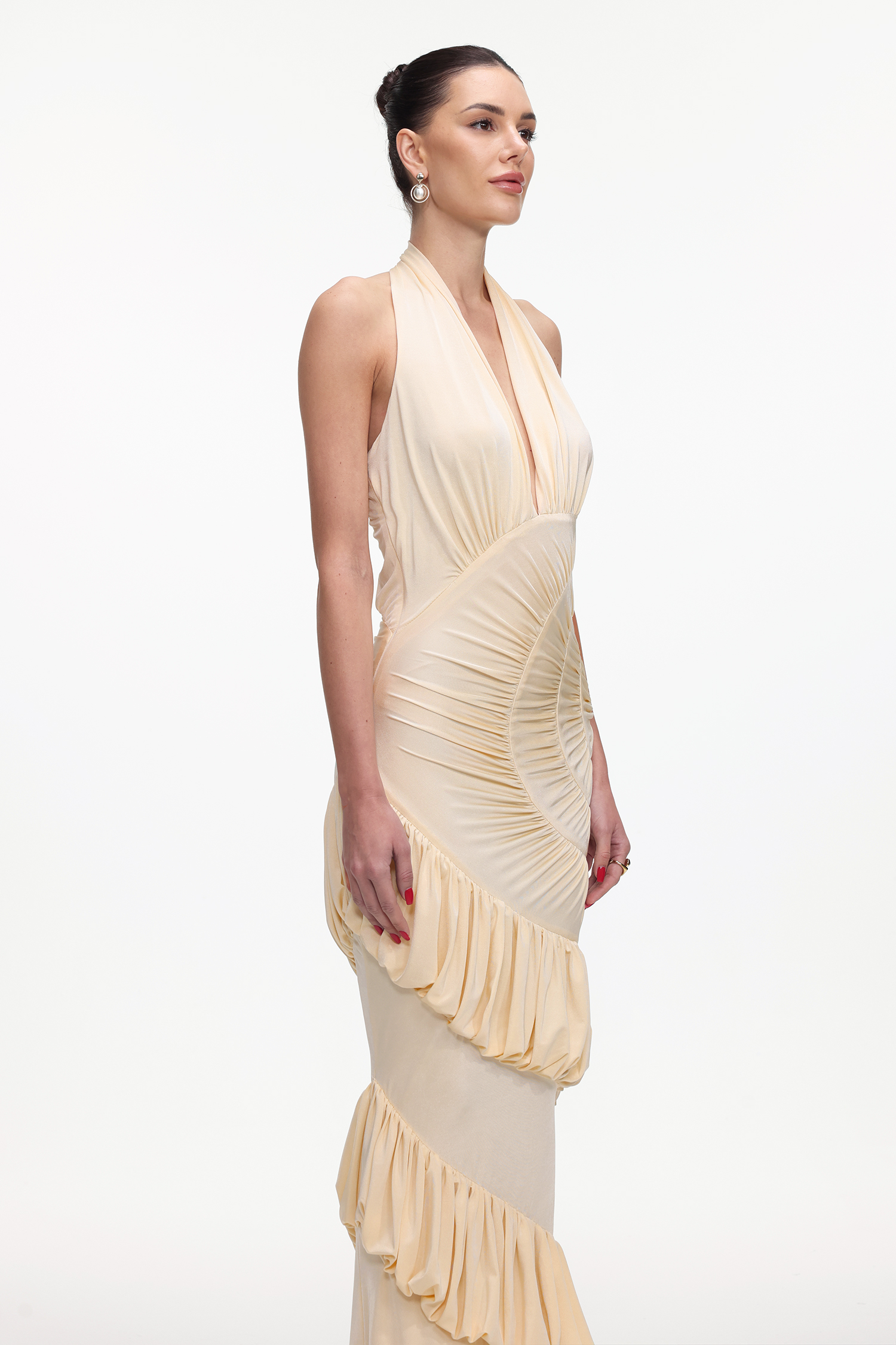 Joclyn Romantic Contour Halter Ruched Knit Maxi Dress