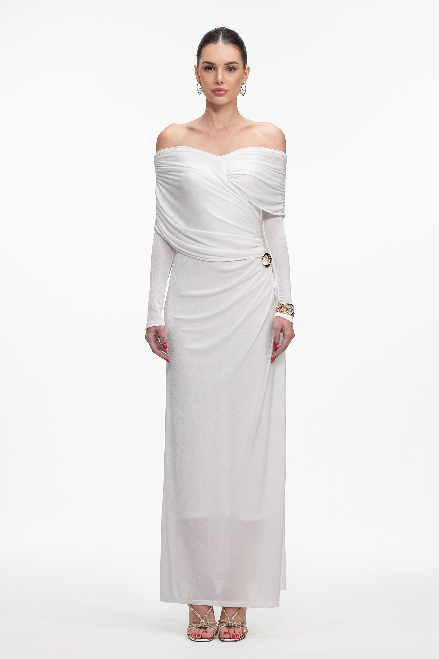 Guga Elegant Contour Long Sleeve Asymmetrical Knit Maxi Dress