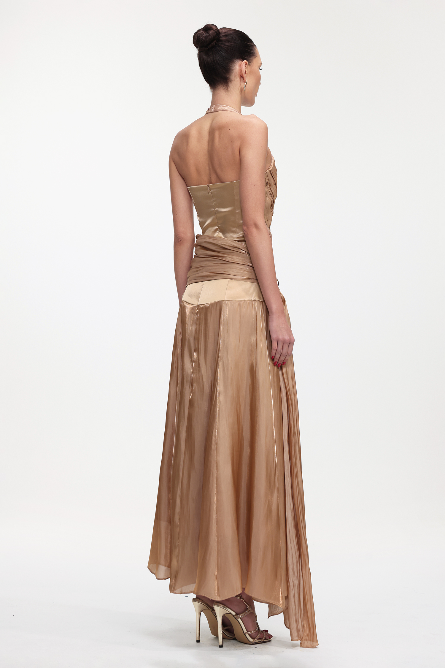 Polasa Elegant Flowy Sleeveless Pleated Satin Maxi Dress