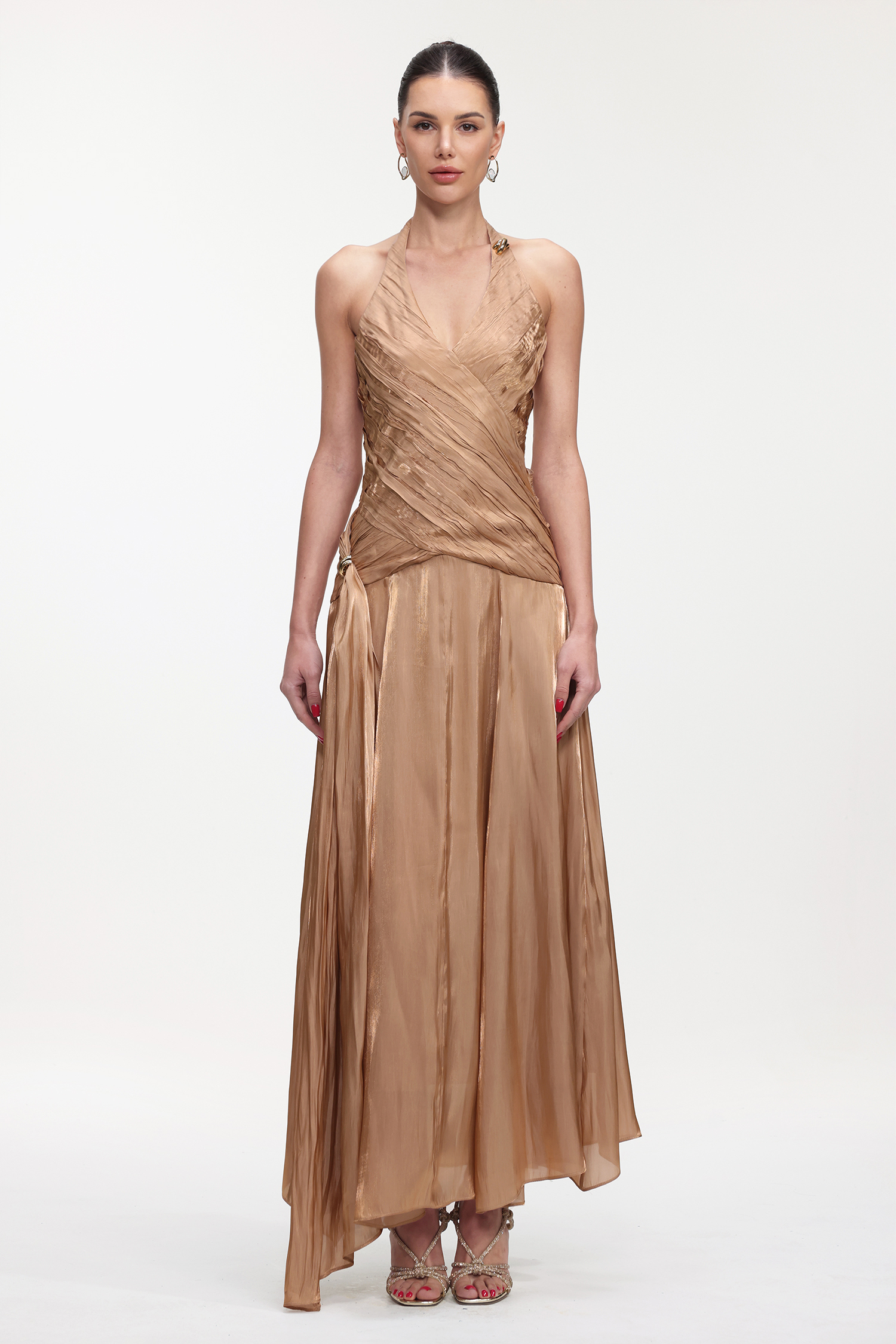 Polasa Elegant Flowy Sleeveless Pleated Satin Maxi Dress