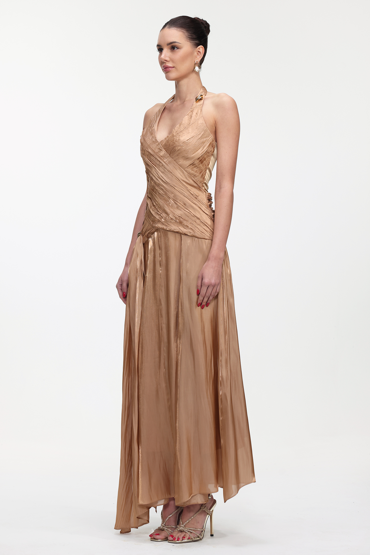 Polasa Elegant Flowy Sleeveless Pleated Satin Maxi Dress