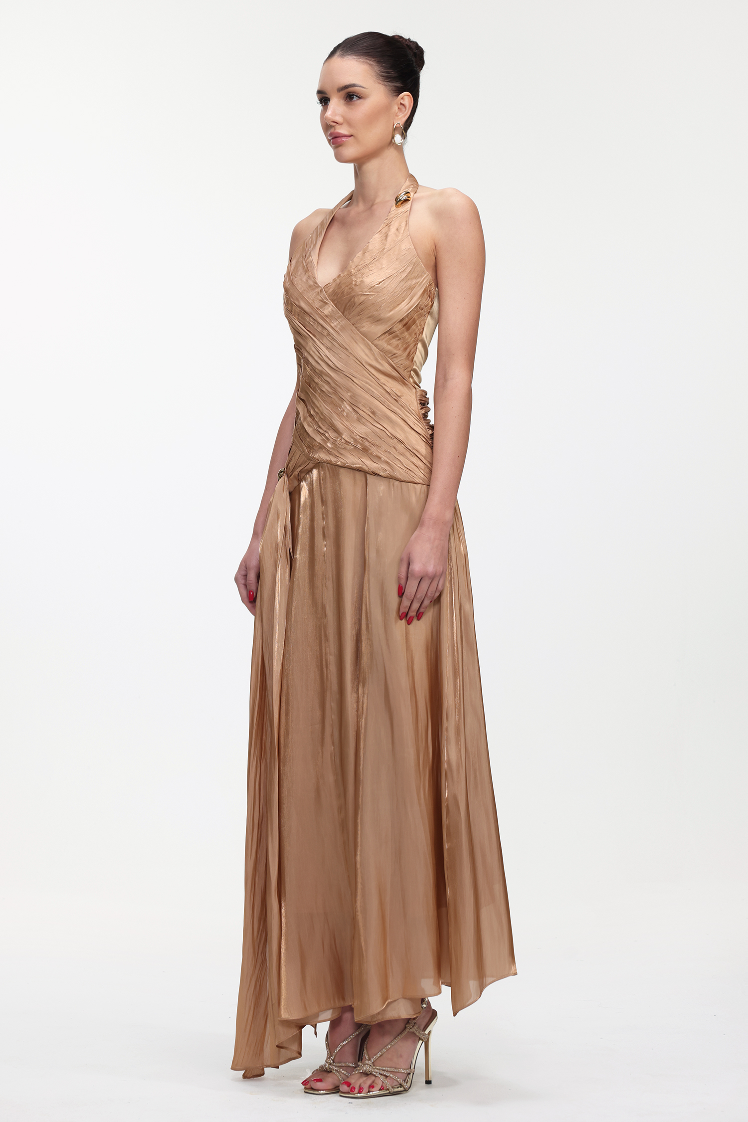 Polasa Elegant Flowy Sleeveless Pleated Satin Maxi Dress