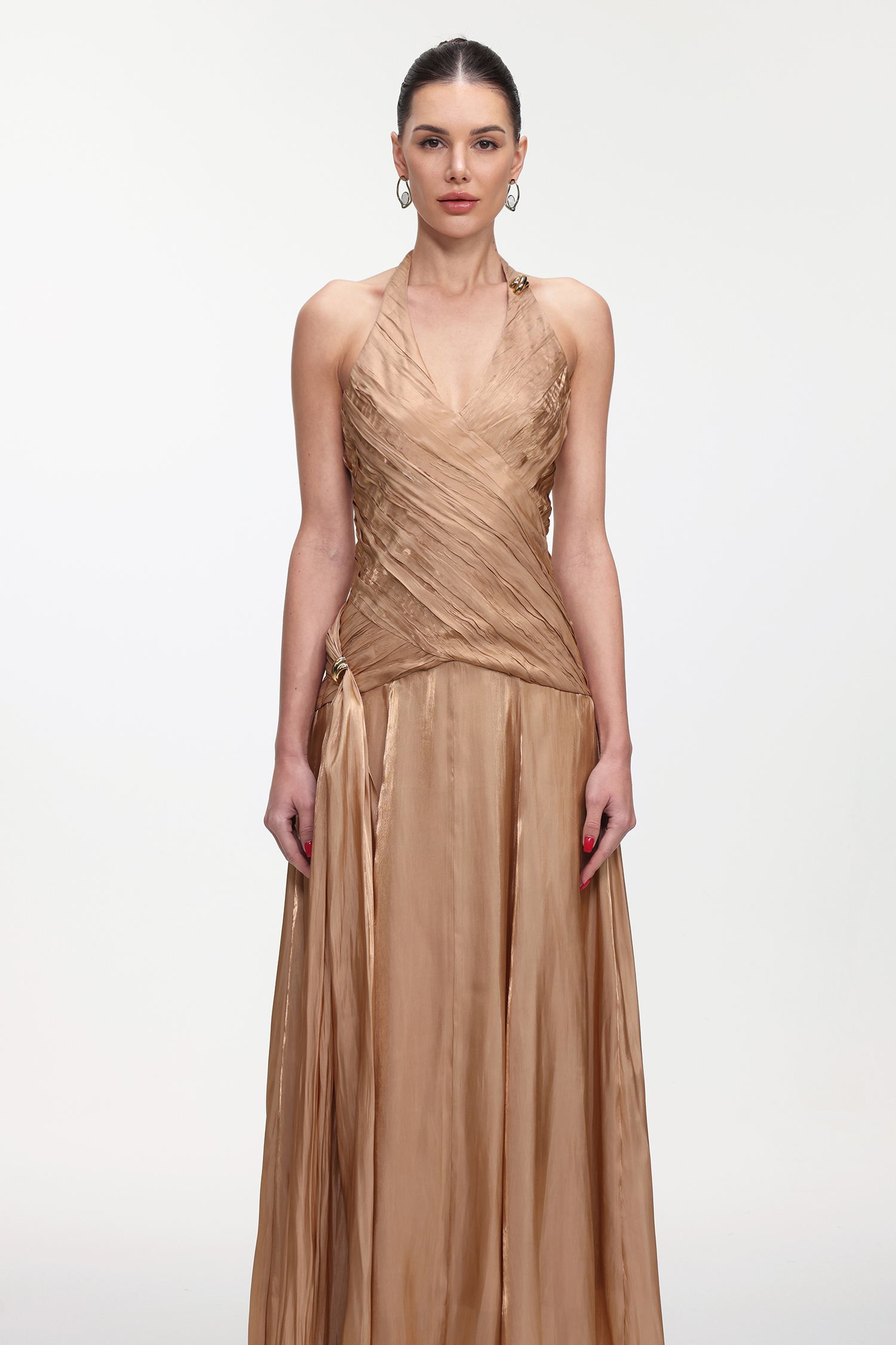 Polasa Elegant Flowy Sleeveless Pleated Satin Maxi Dress
