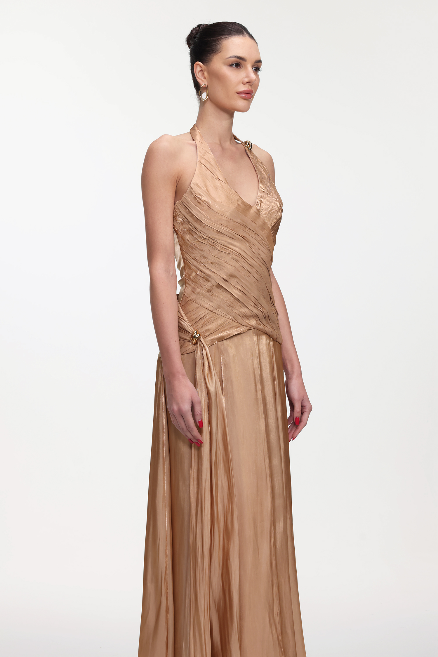 Polasa Elegant Flowy Sleeveless Pleated Satin Maxi Dress