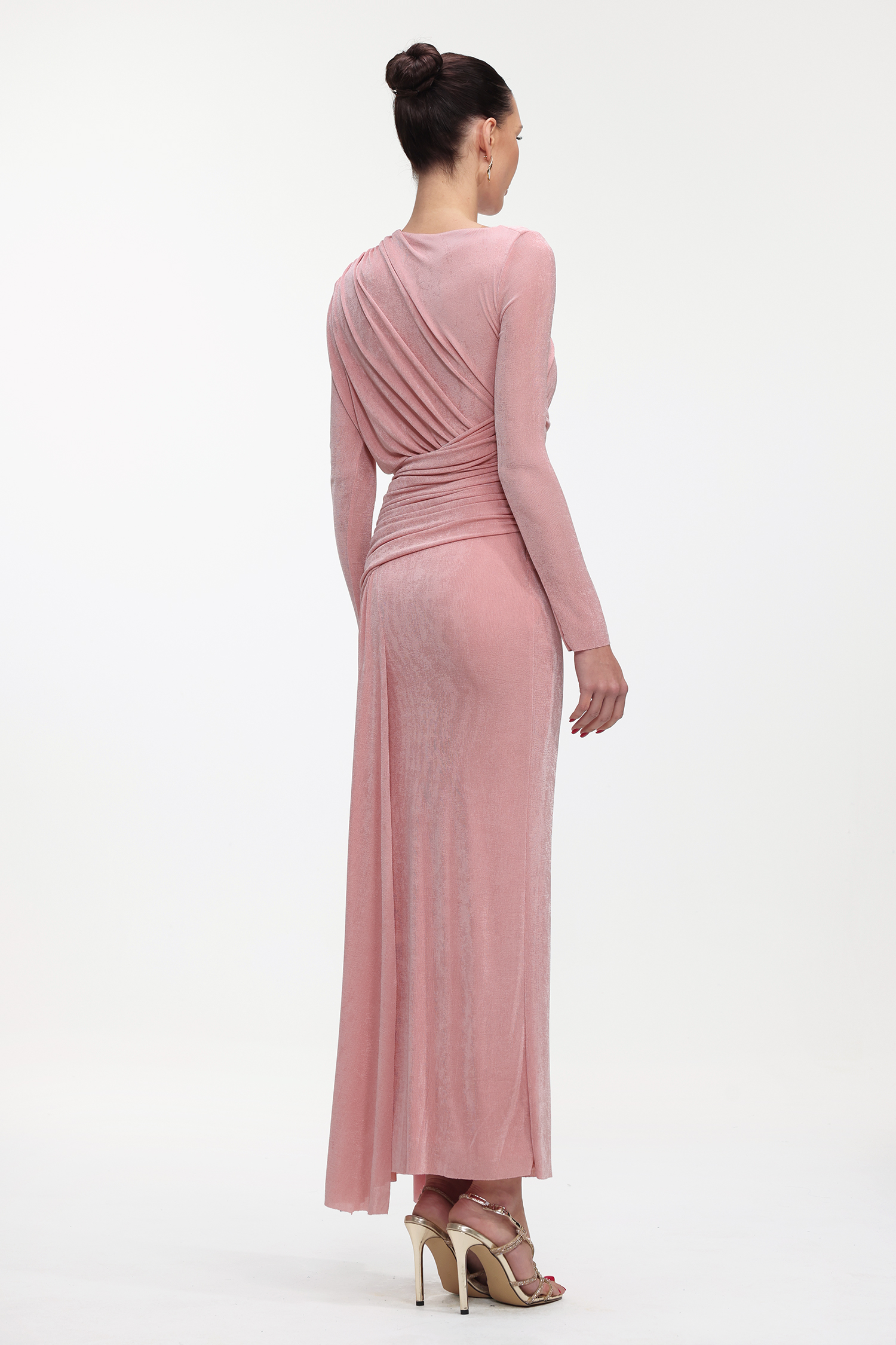 Skyler Elegant Contour Long Sleeve Ruched High Slit Knit Maxi Dress