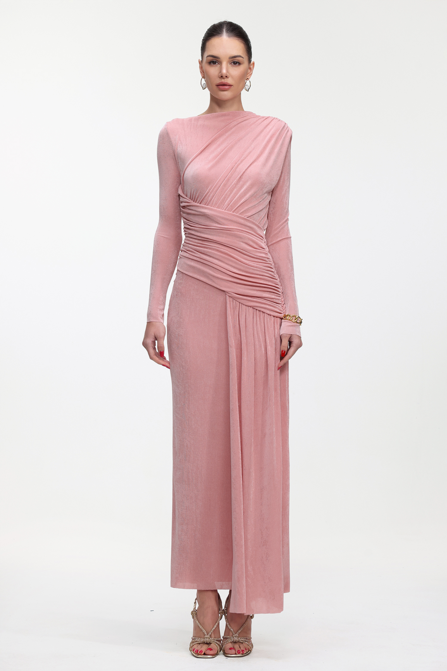 Skyler Elegant Contour Long Sleeve Ruched High Slit Knit Maxi Dress