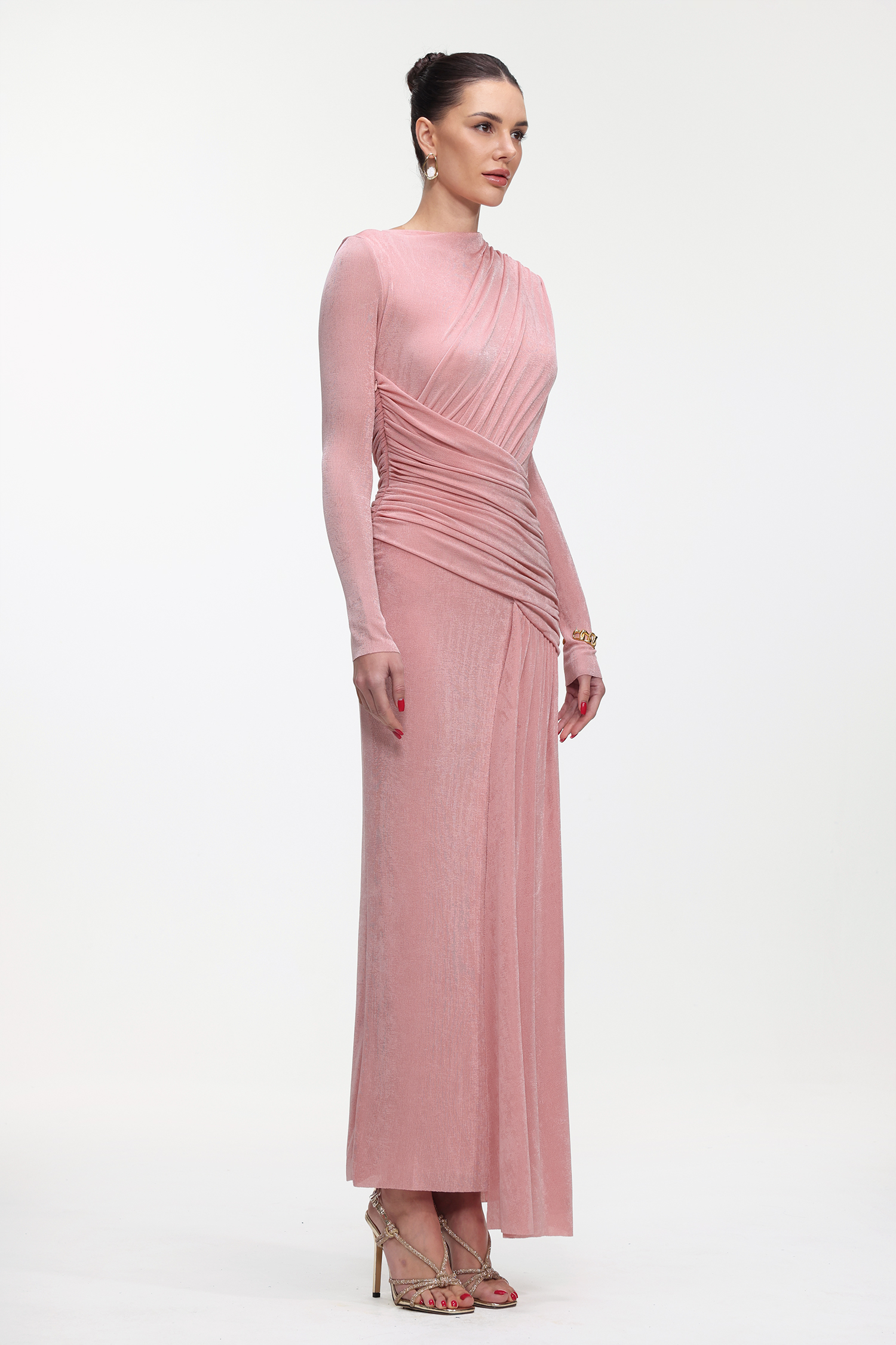 Skyler Elegant Contour Long Sleeve Ruched High Slit Knit Maxi Dress