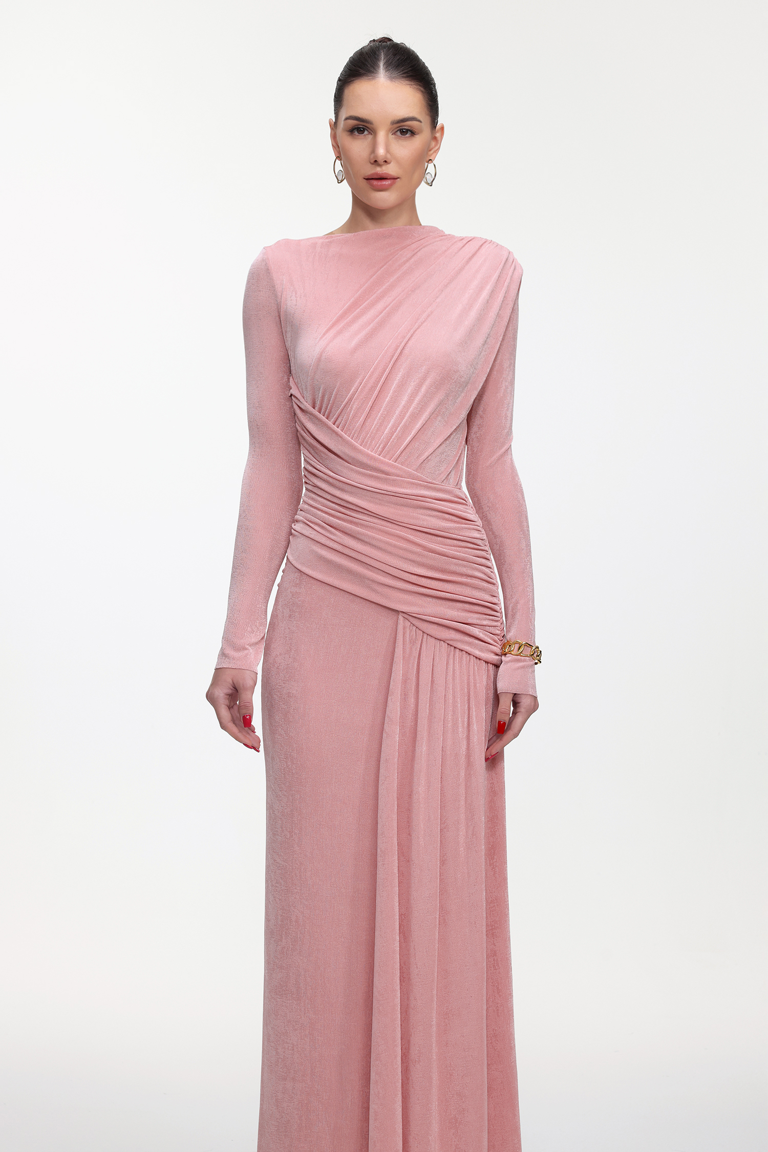 Skyler Elegant Contour Long Sleeve Ruched High Slit Knit Maxi Dress