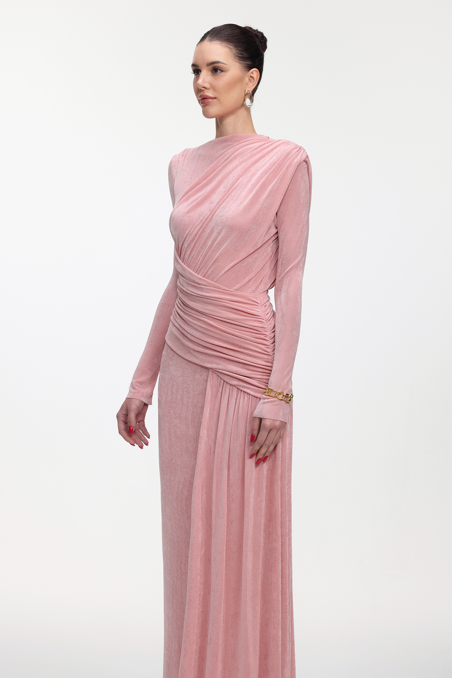 Skyler Elegant Contour Long Sleeve Ruched High Slit Knit Maxi Dress
