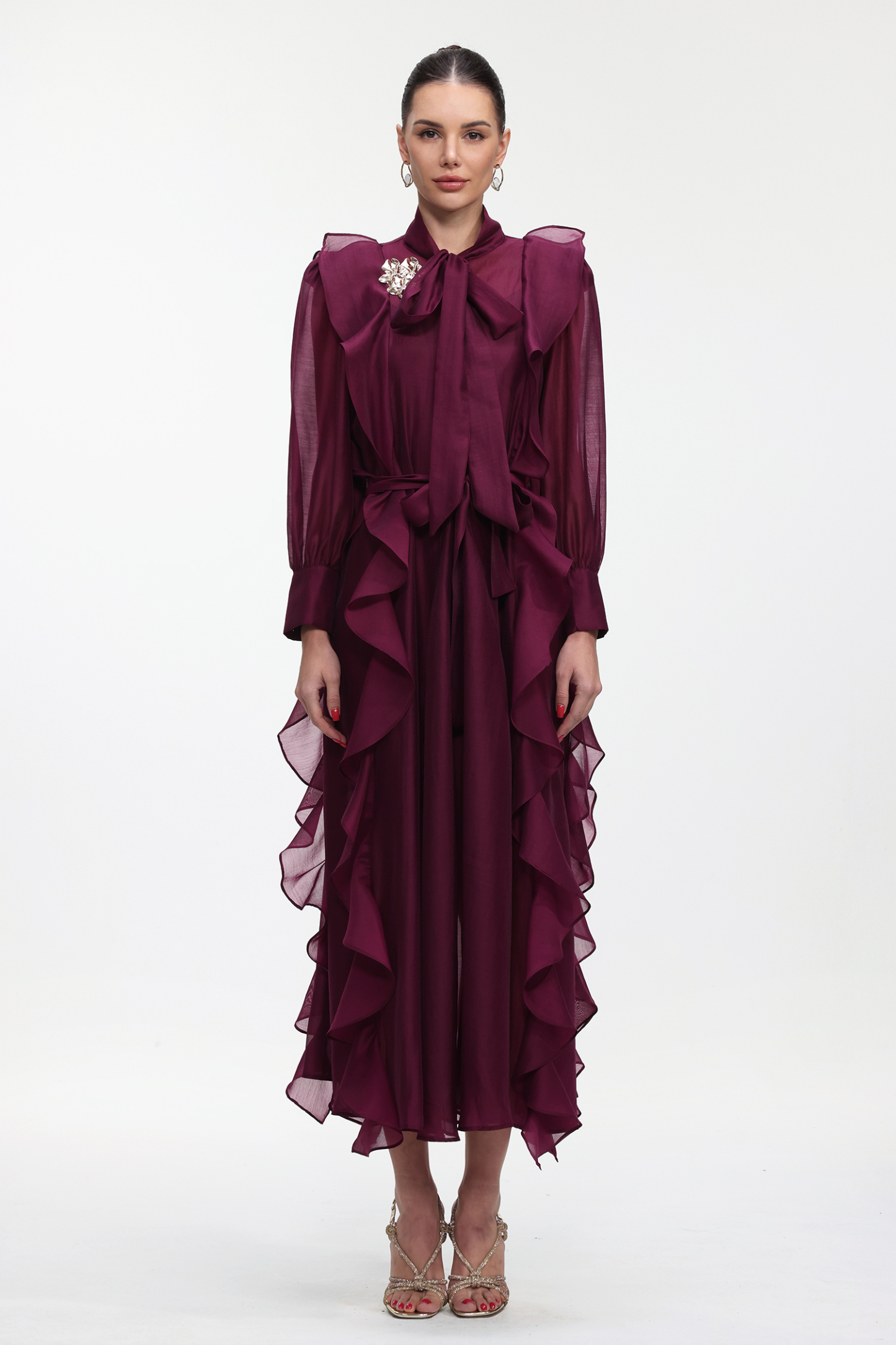 Kyra Elegant Flowy Long Sleeve Ruffle Maxi Dress