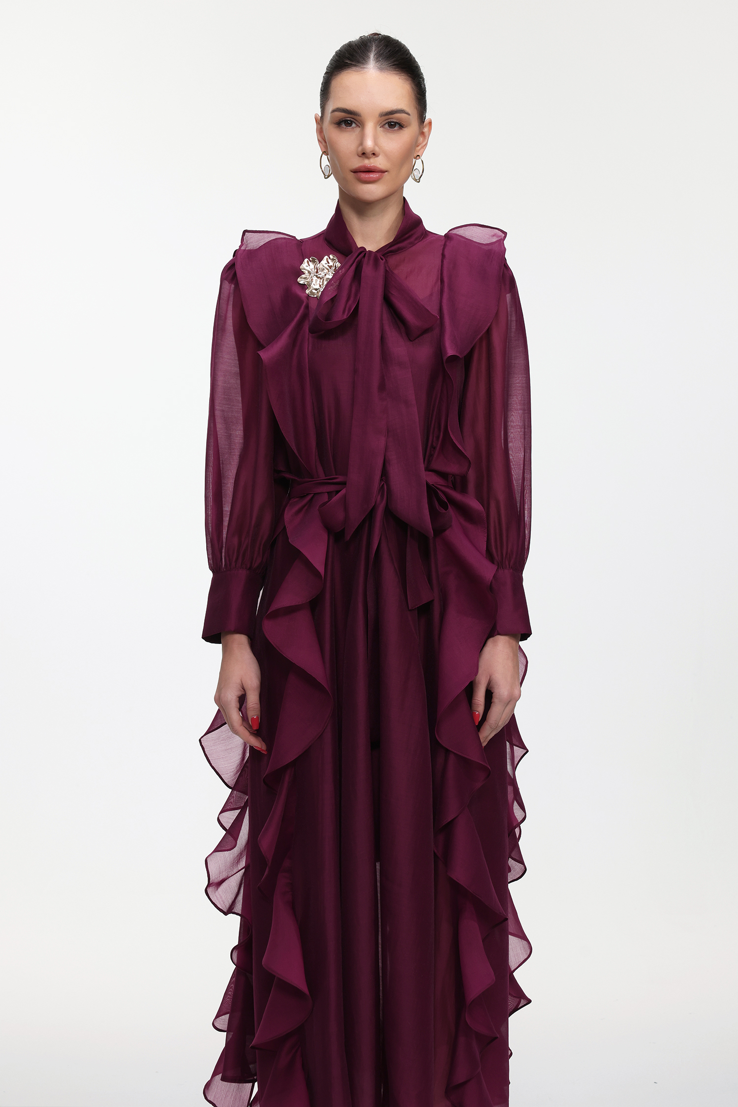 Kyra Elegant Flowy Long Sleeve Ruffle Maxi Dress