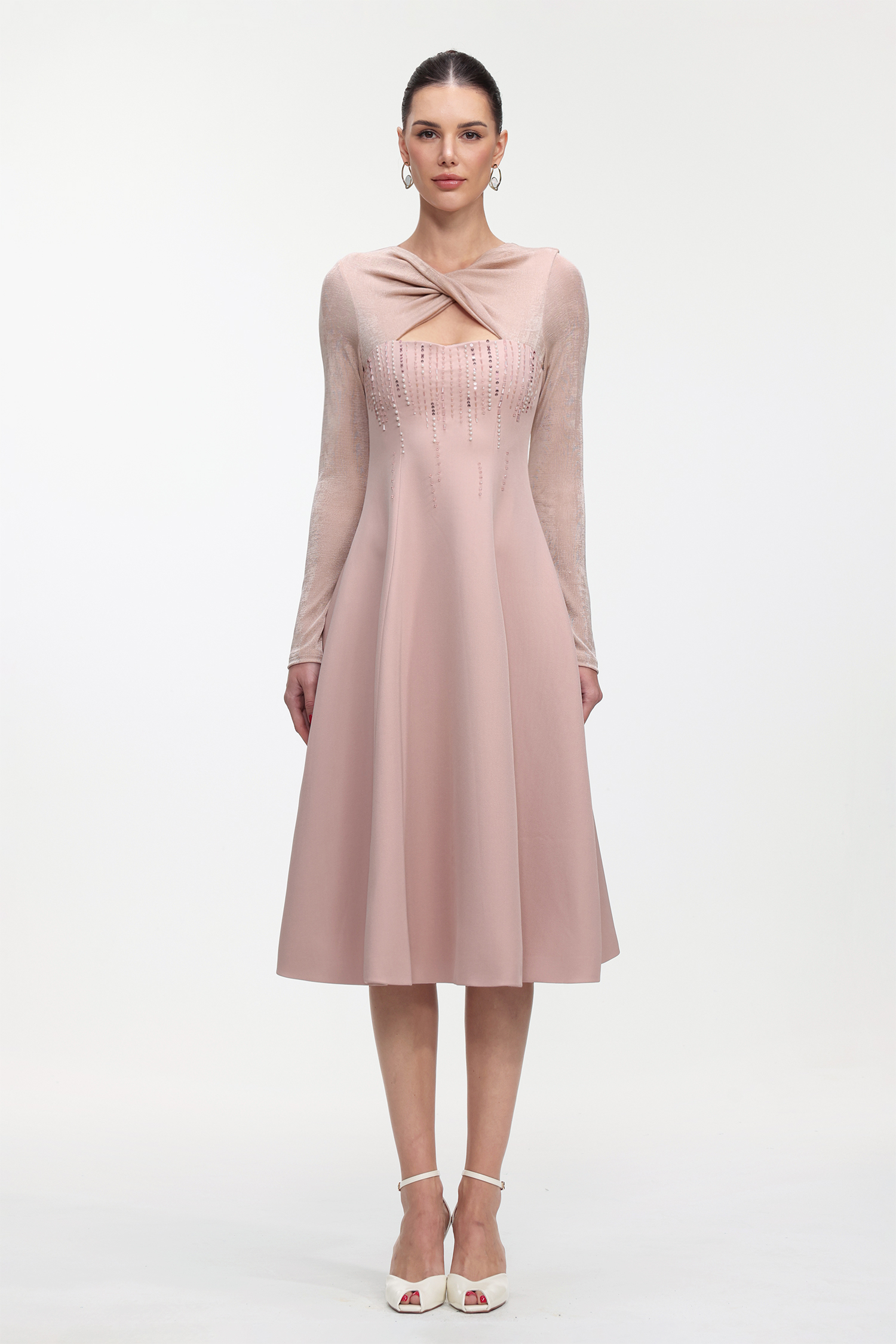 Liama Elegant Tailored Long Sleeve Crystal Woven Maxi Dress