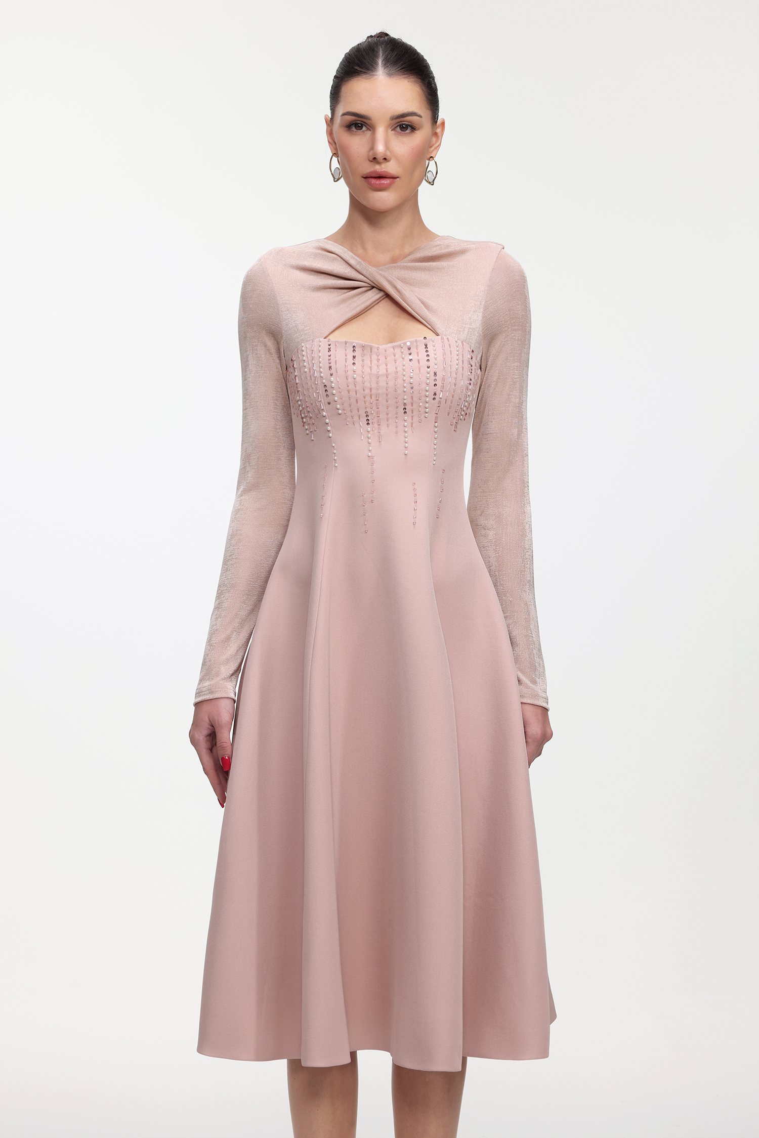 Liama Elegant Tailored Long Sleeve Crystal Woven Maxi Dress