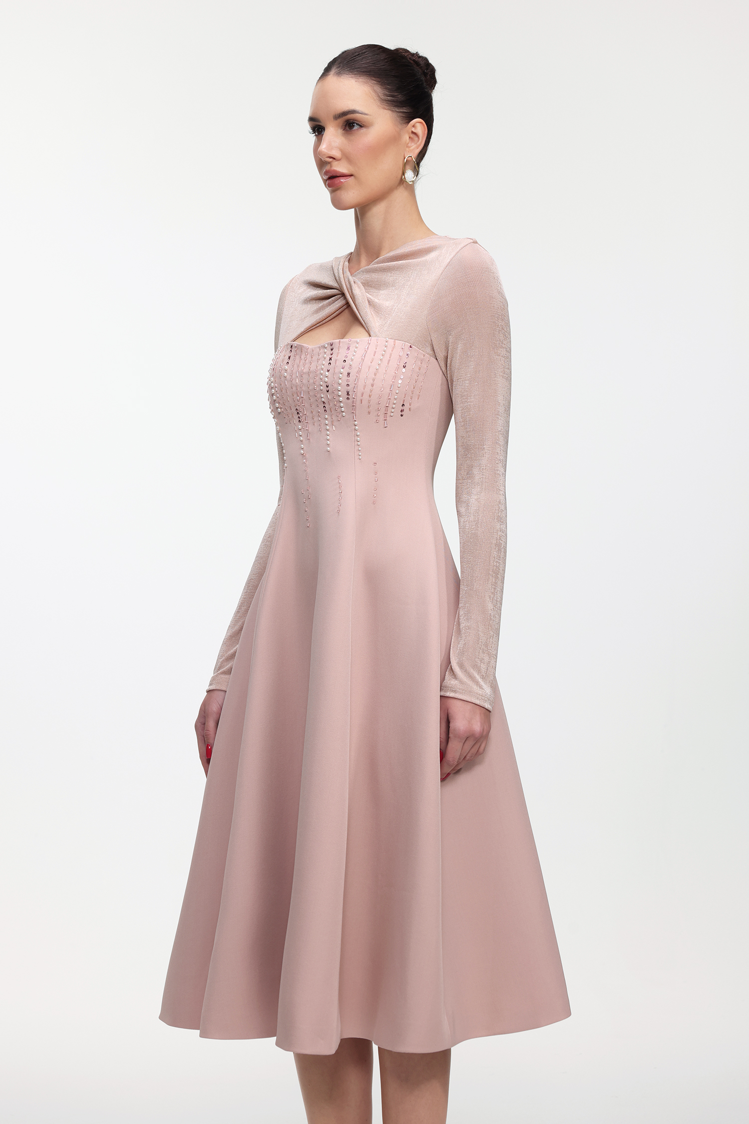Liama Elegant Tailored Long Sleeve Crystal Woven Maxi Dress