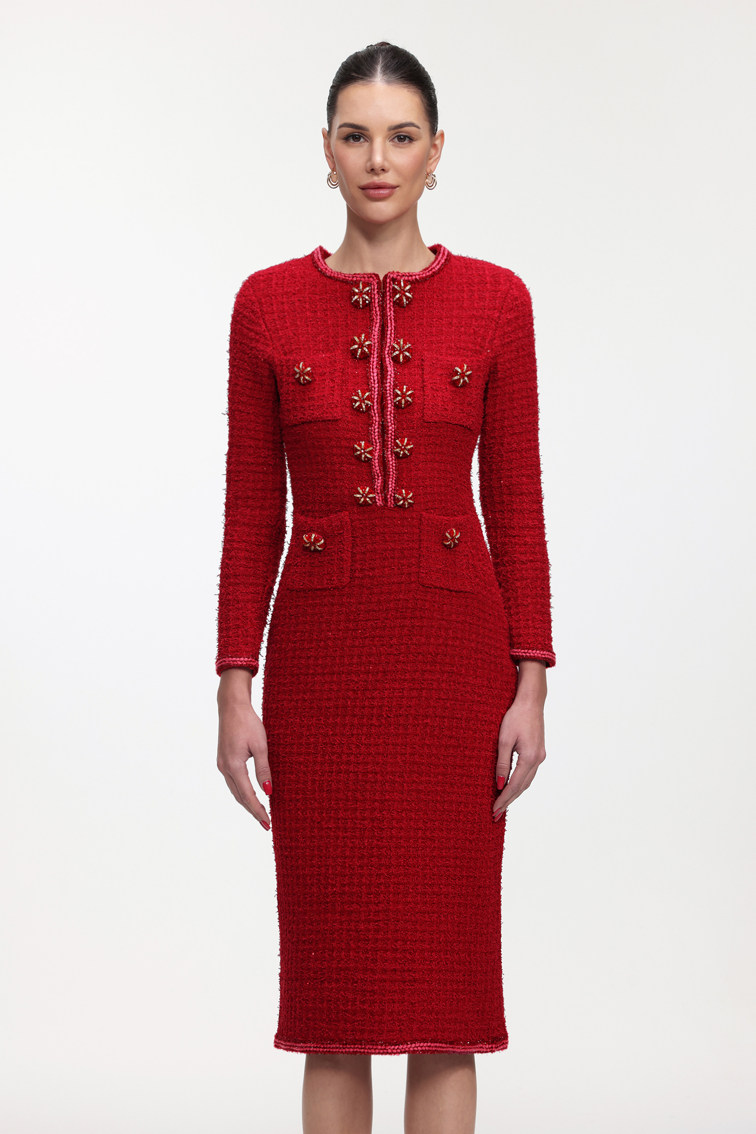 Elsie Glamorous Tailored Long Sleeve Tweed Maxi Dress