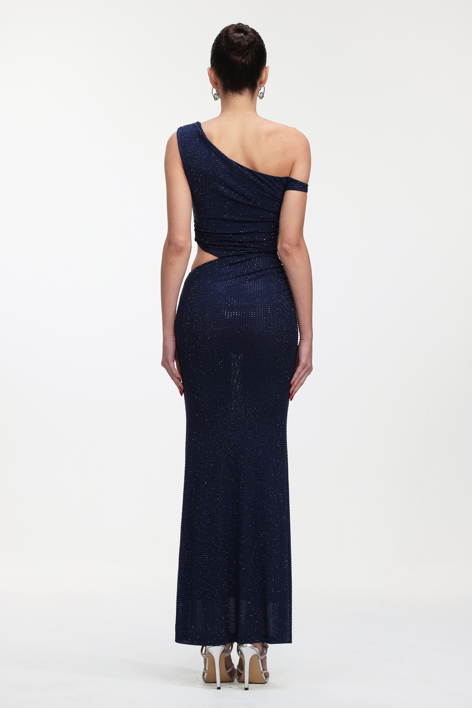Zade Elegant Contour One Shoulder Crystal Cut Out Maxi Dress