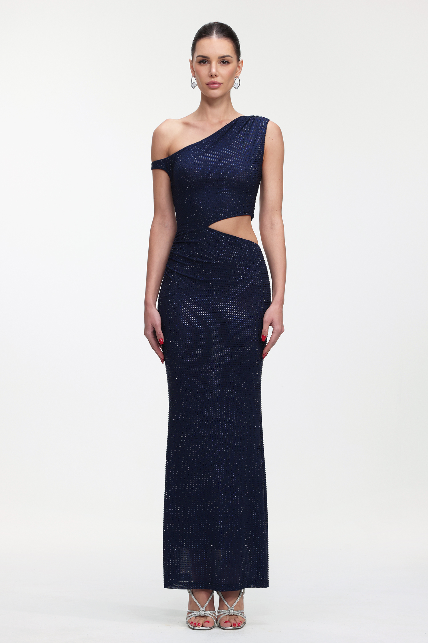 Zade Elegant Contour One Shoulder Crystal Cut Out Maxi Dress