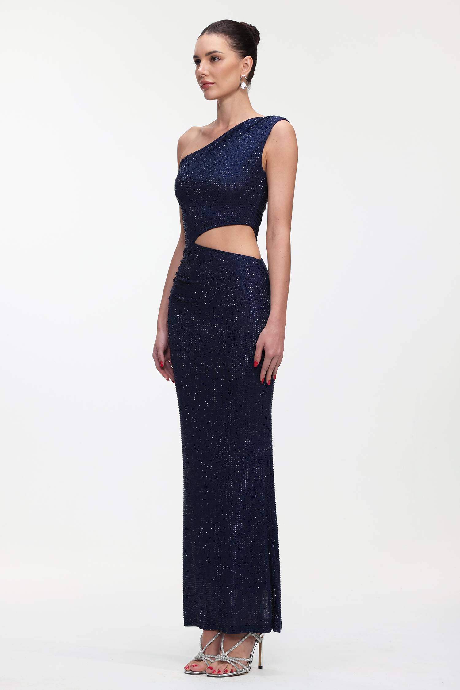 Zade Elegant Contour One Shoulder Crystal Cut Out Maxi Dress