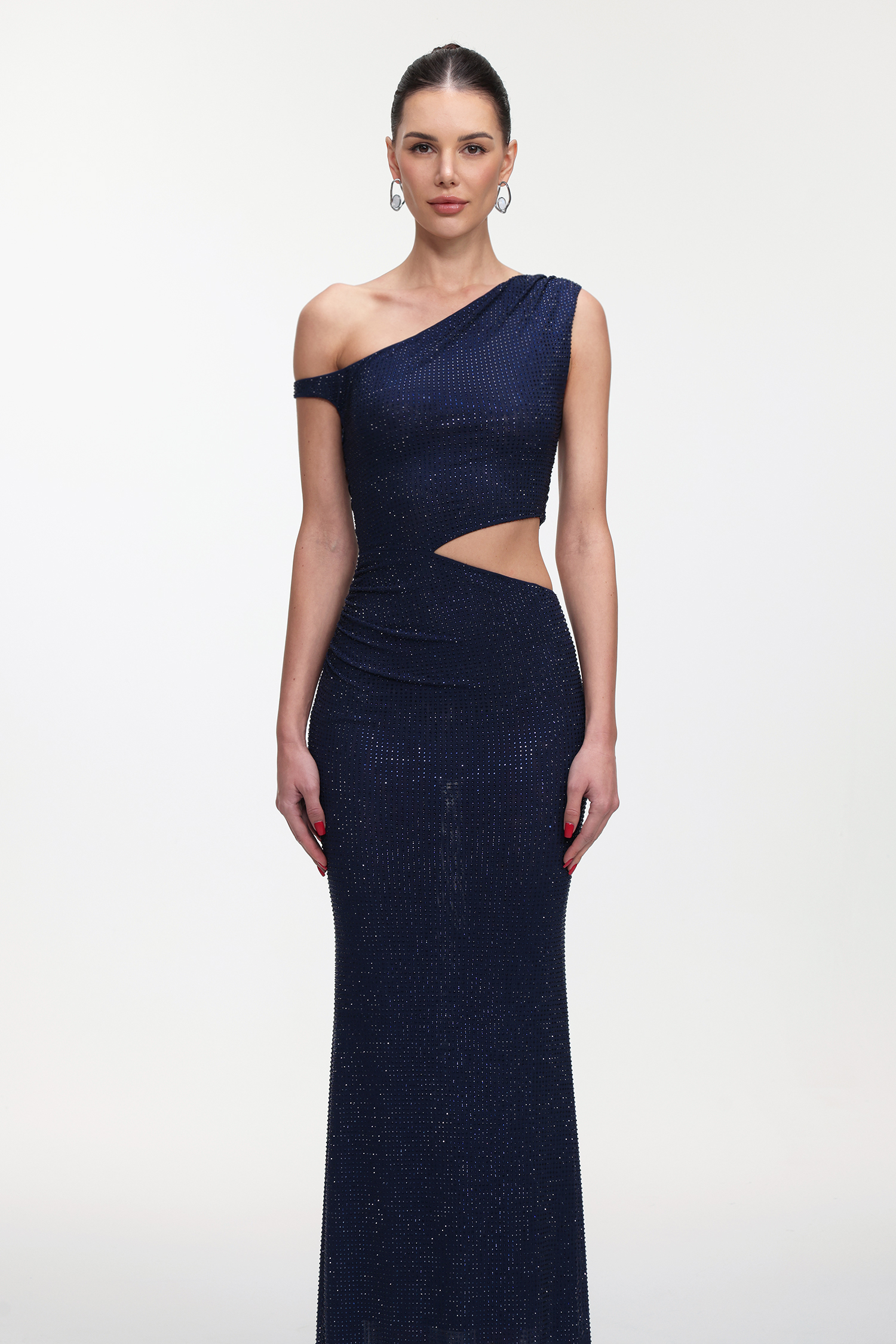 Zade Elegant Contour One Shoulder Crystal Cut Out Maxi Dress