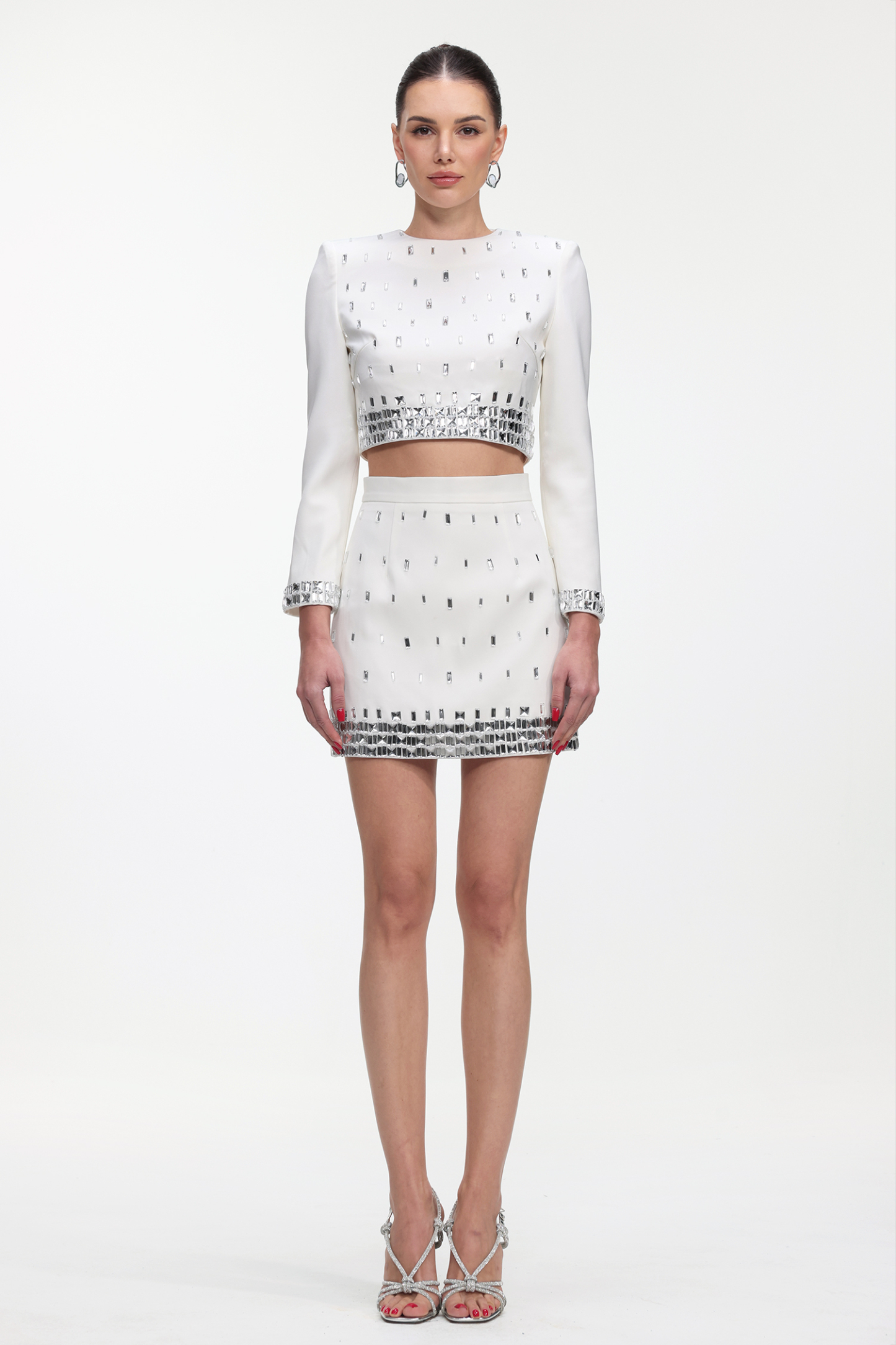 Derlyn Glamorous Tailored Long Sleeve Rhinestone Top and Skirt Set