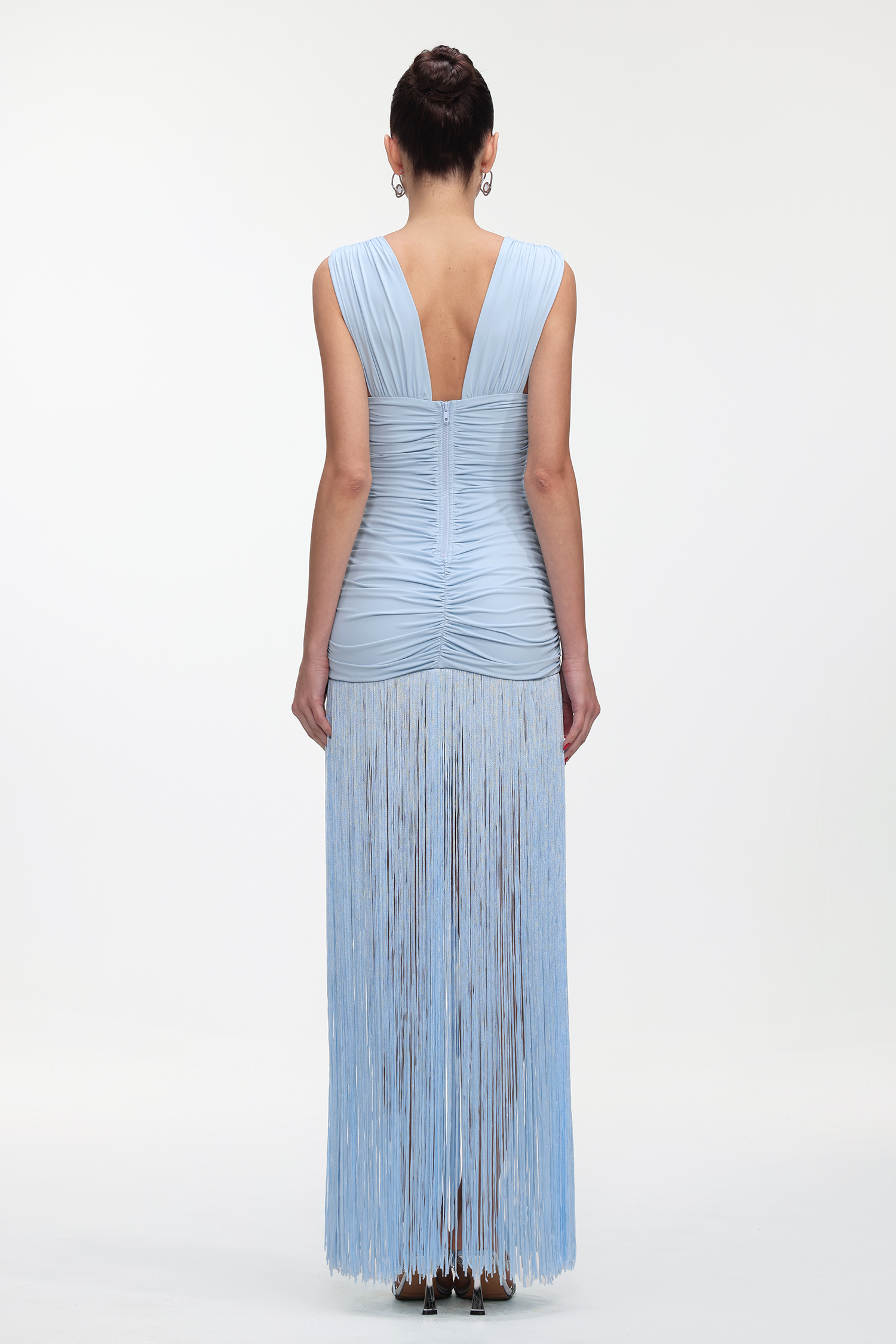 Niaca Chic Contour Sleeveless Ruched Fringe Knit Maxi Dress