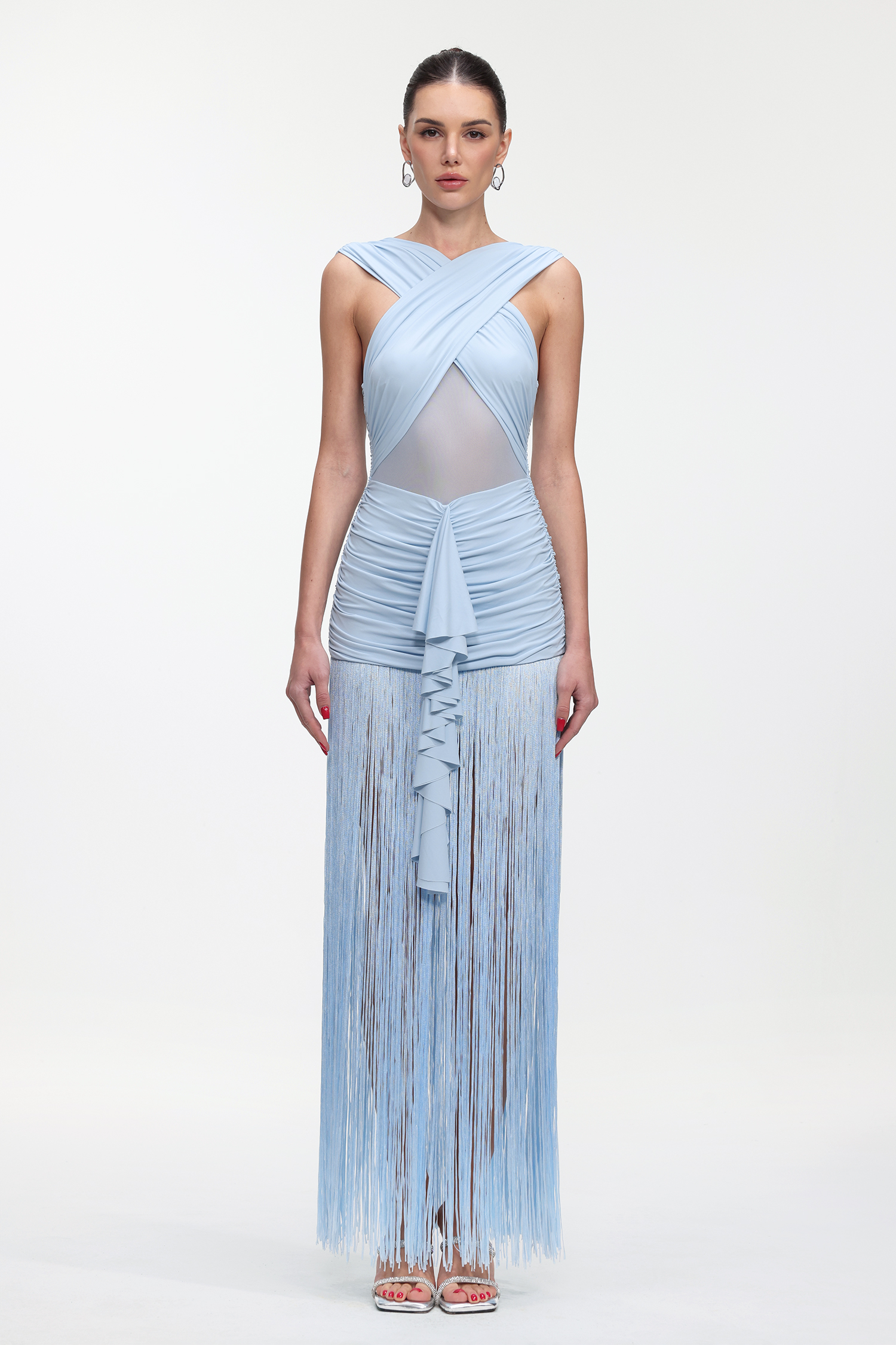 Niaca Chic Contour Sleeveless Ruched Fringe Knit Maxi Dress