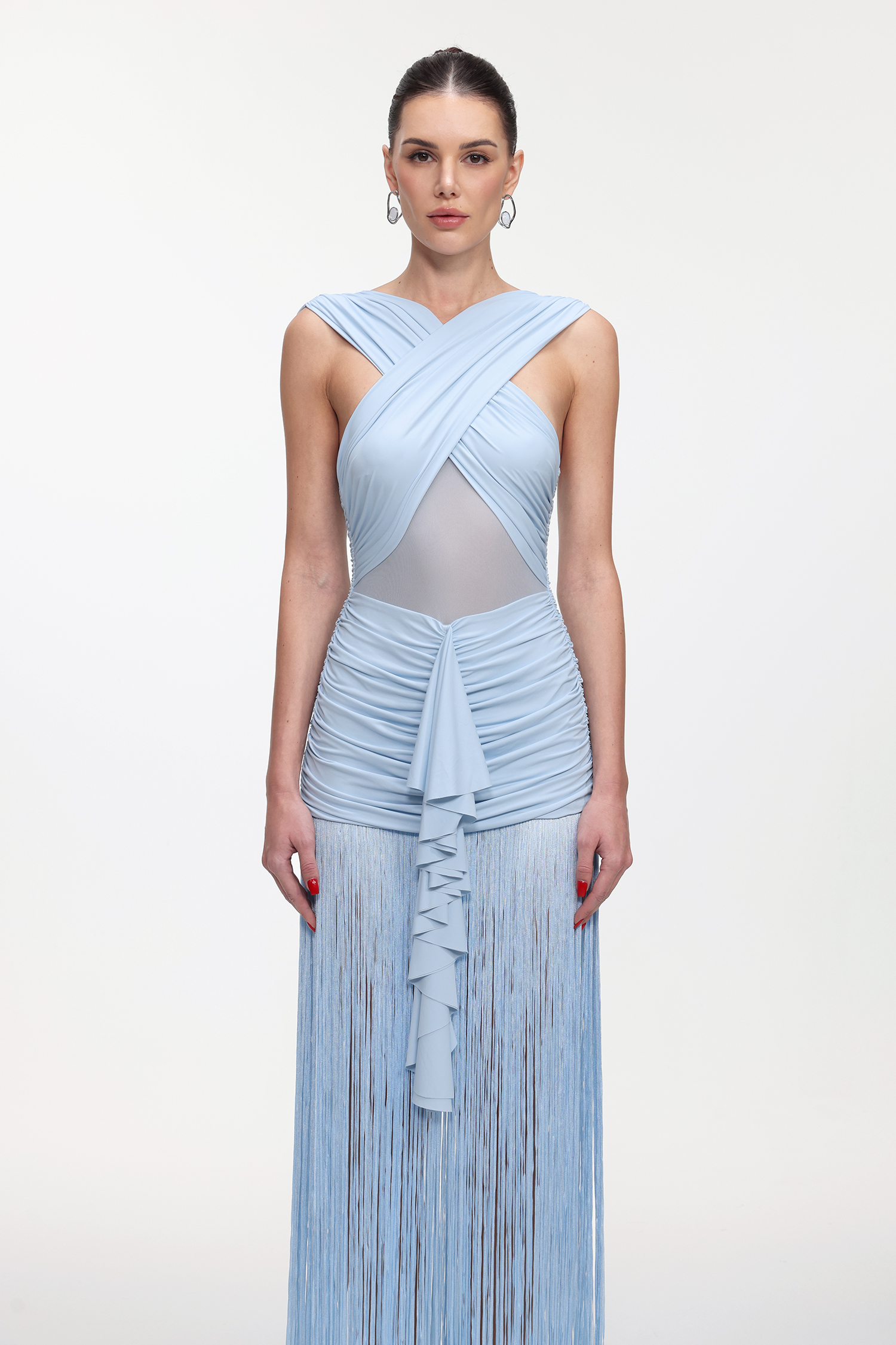 Niaca Chic Contour Sleeveless Ruched Fringe Knit Maxi Dress