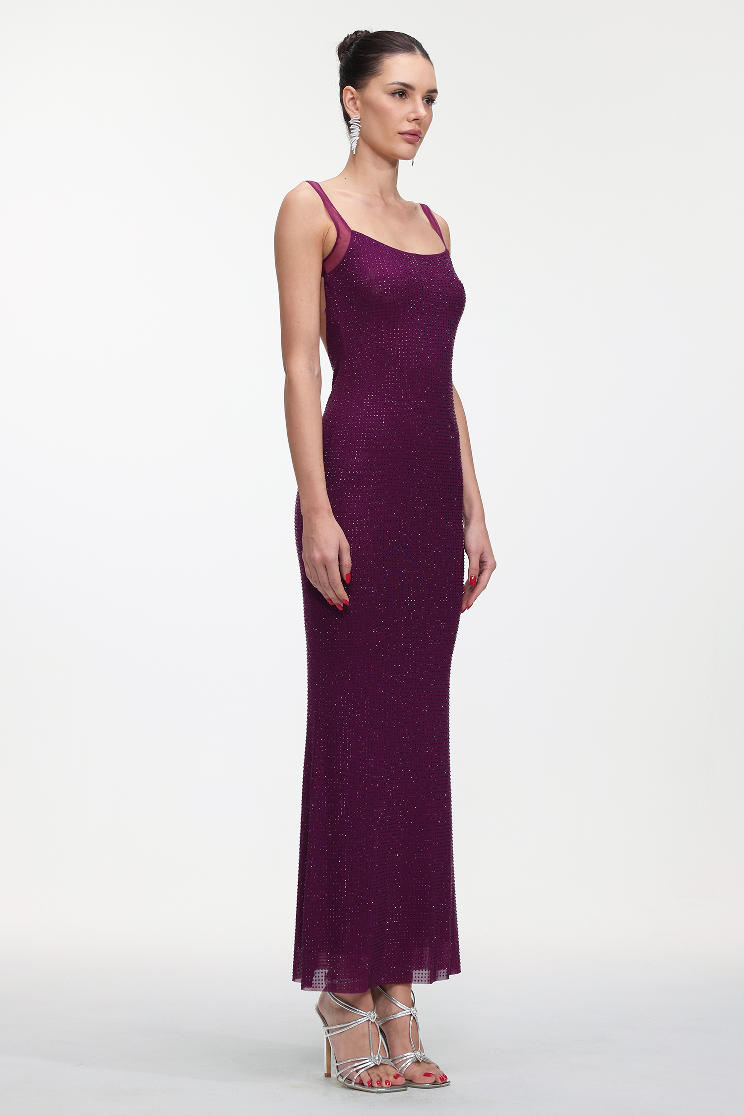 Pillose Diamond Backless Purple Maxi Dress