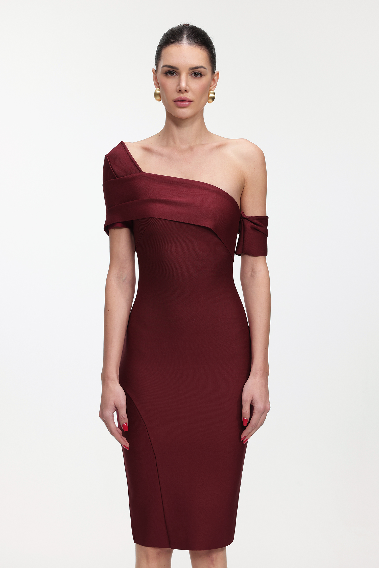 Ruthie Classic Contour Off Shoulder Bandage Midi Dress