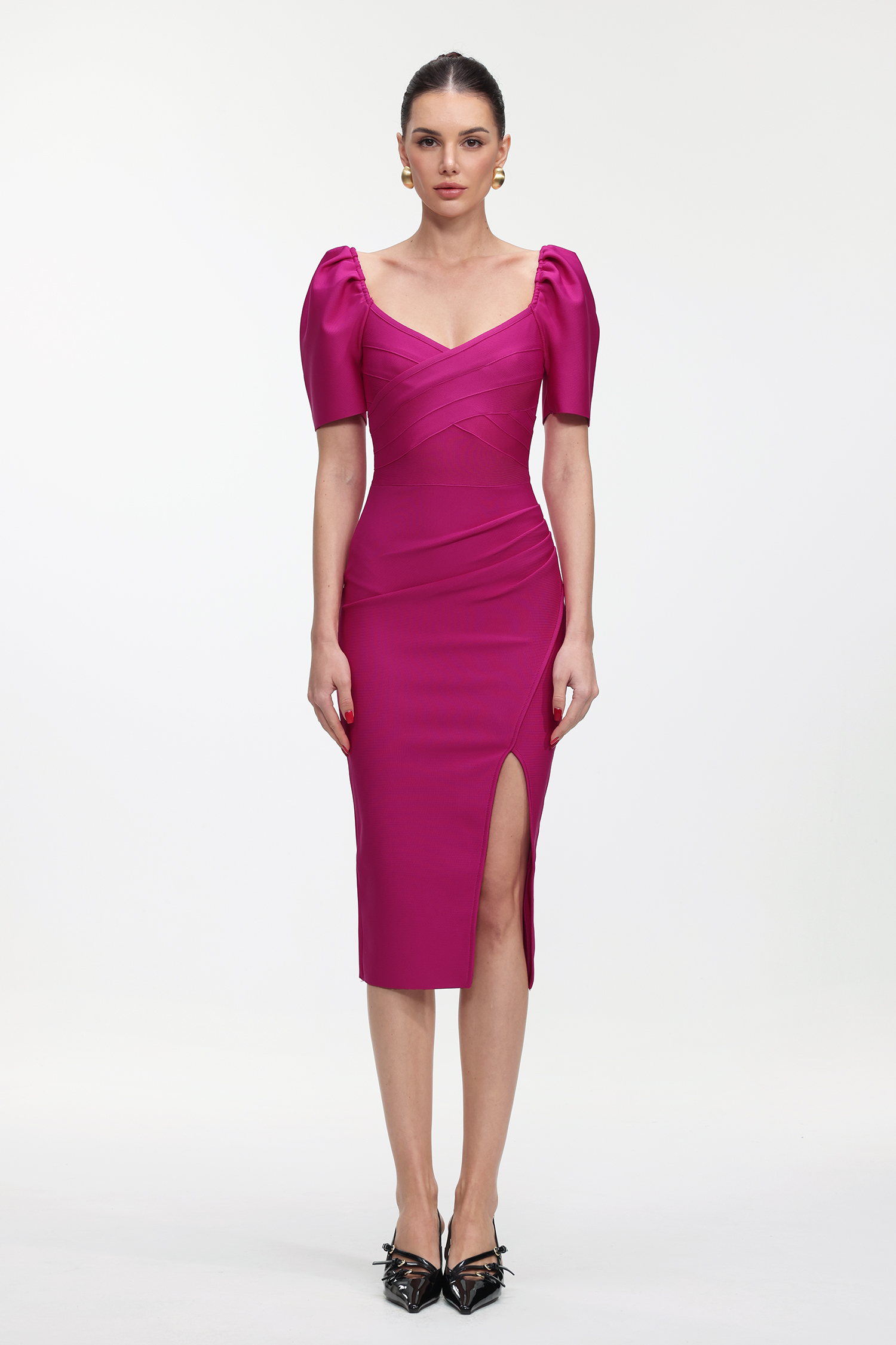 Tadeo Classic Contour Short Sleeve Bandage Rose Pink Midi Dress