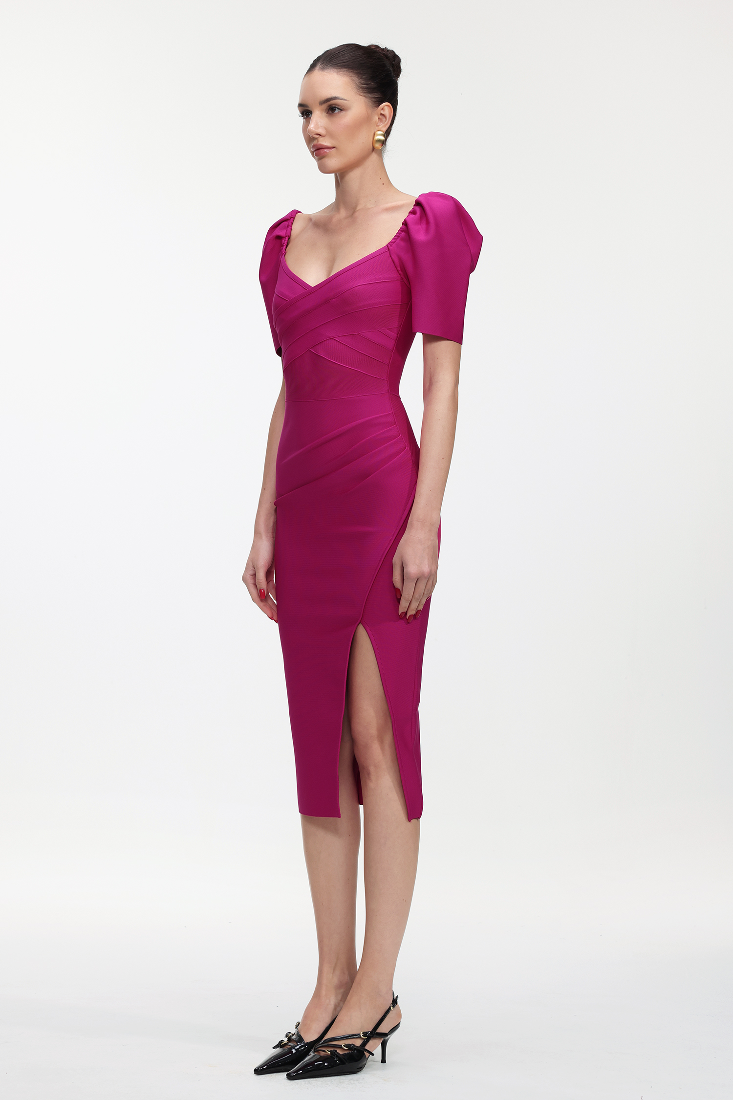 Tadeo Classic Contour Short Sleeve Bandage Rose Pink Midi Dress