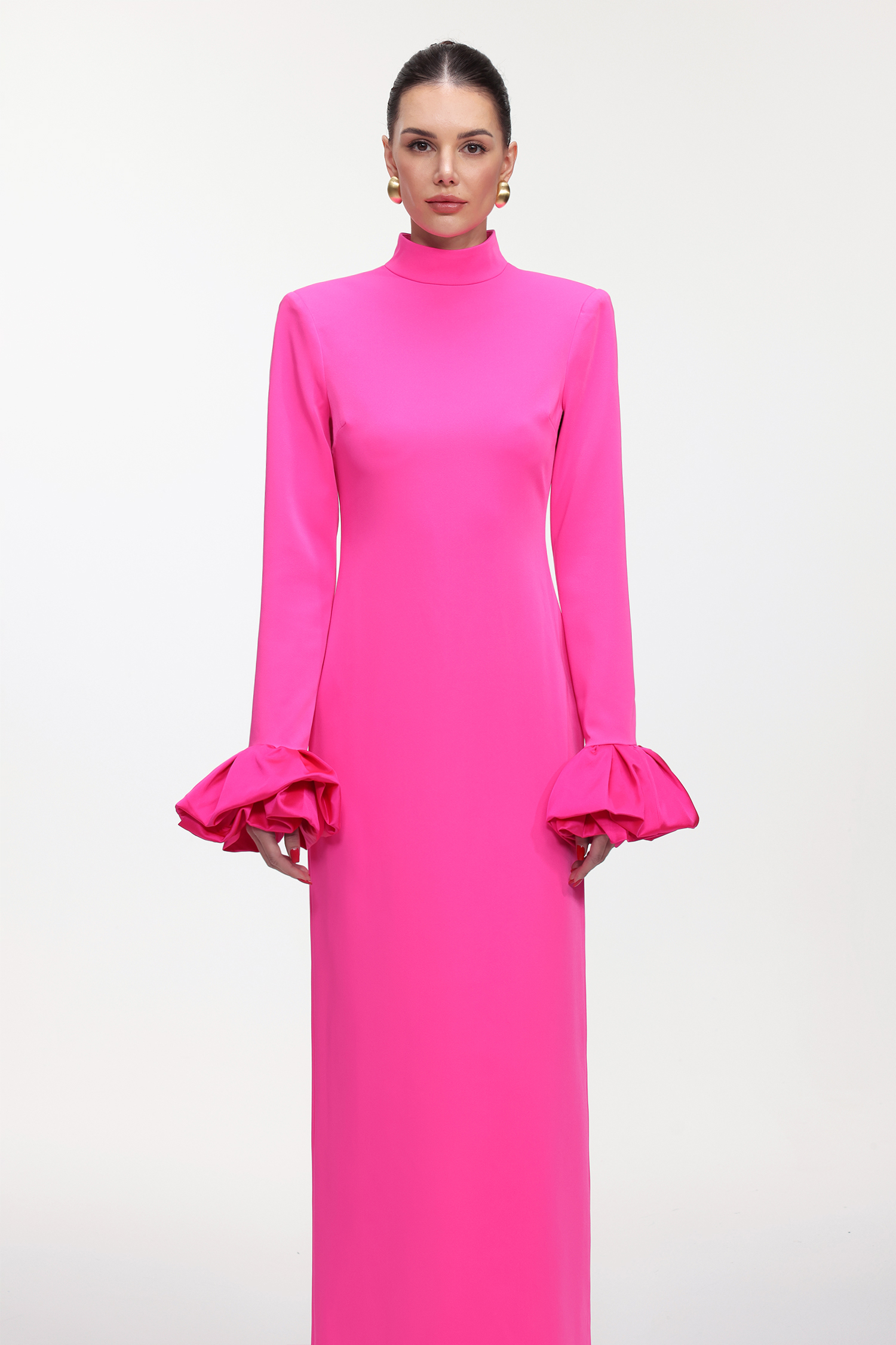 Ziriy Chic Tailored Long Sleeve Puff Detail Woven Maxi Dress