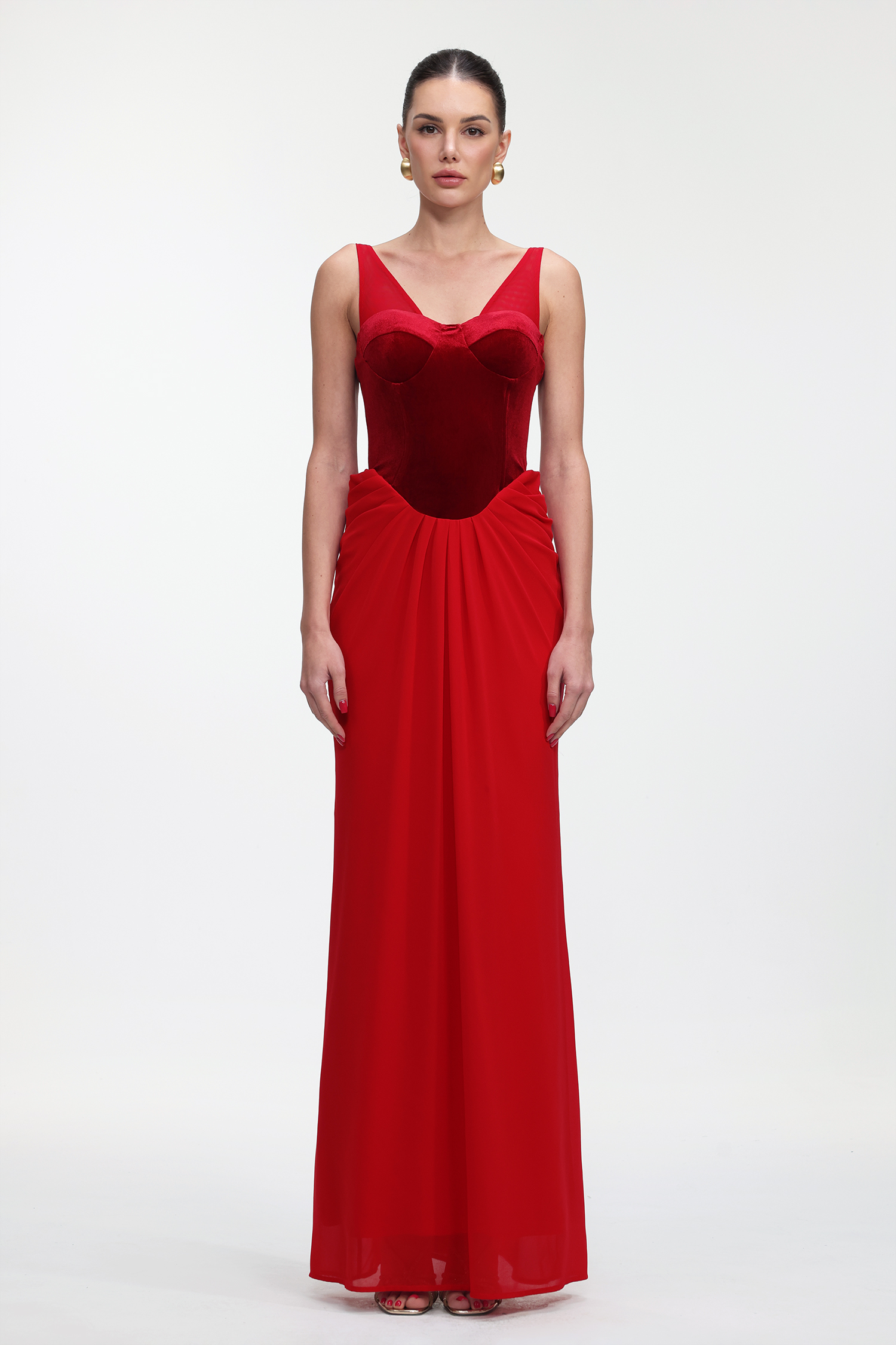 Elysande Chic Contour Sleeveless Pleated Velvet Maxi Dress