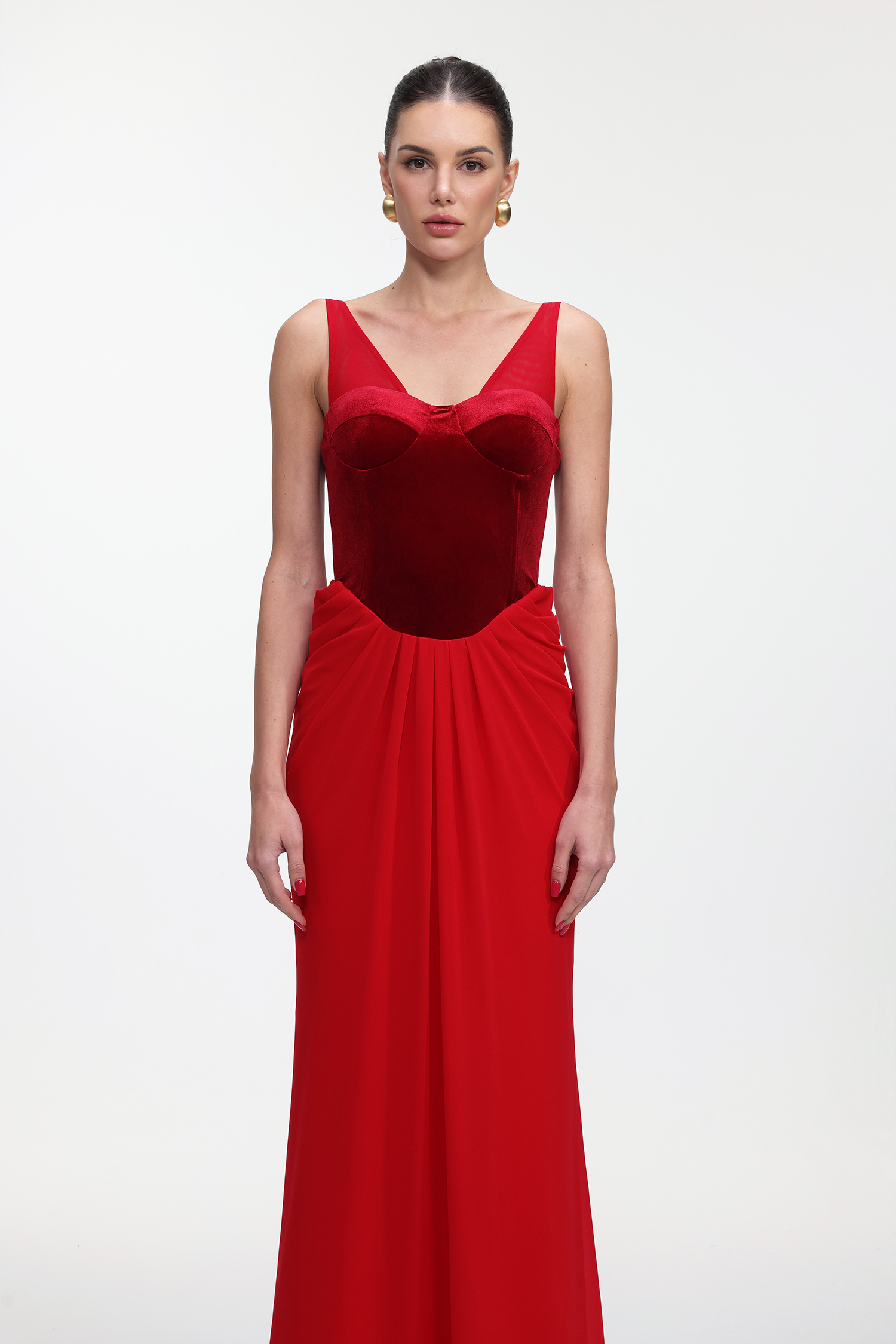 Elysande Chic Contour Sleeveless Pleated Velvet Maxi Dress