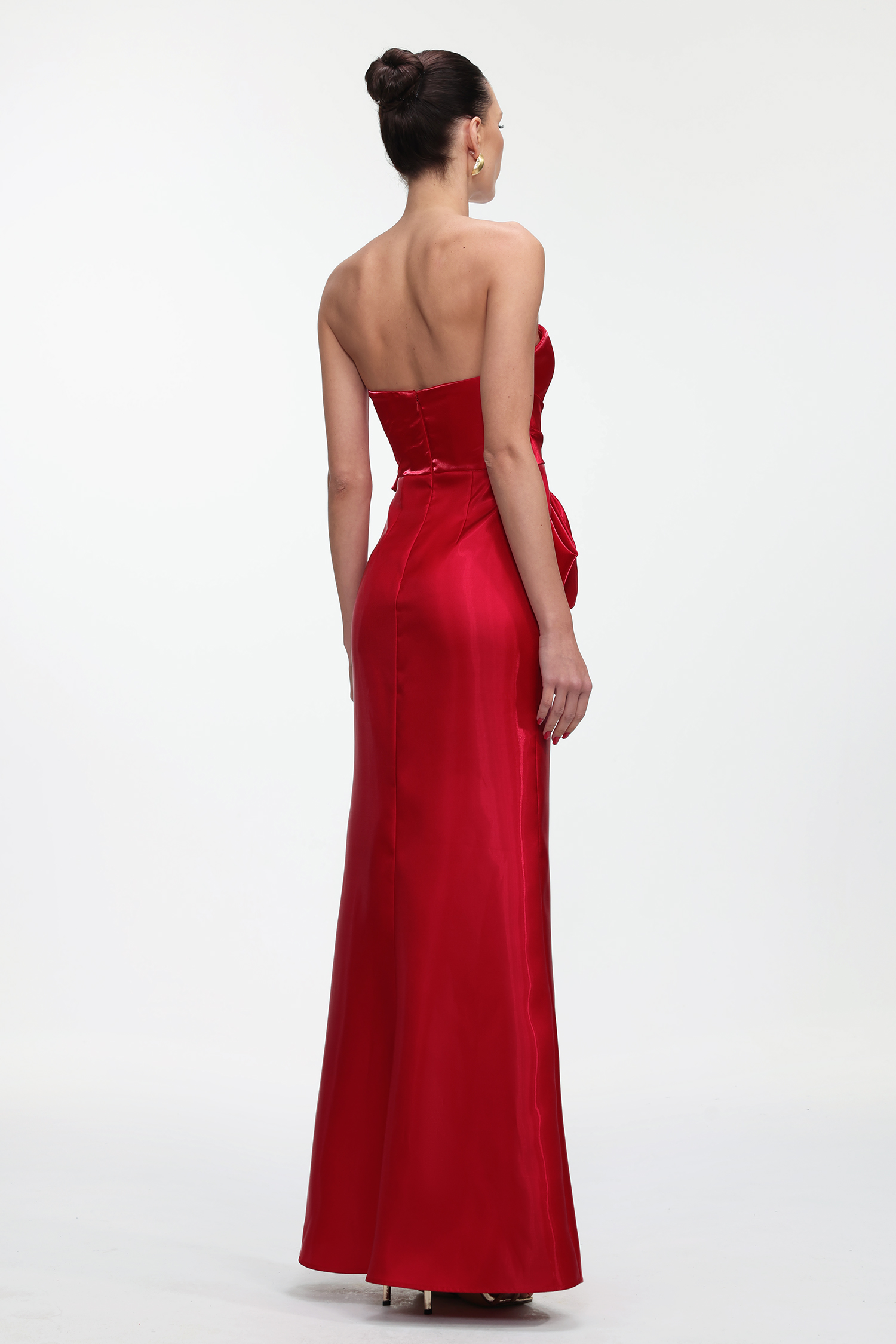 Mishell Romantic Lustrous Strapless Bow High Slit Maxi Dress