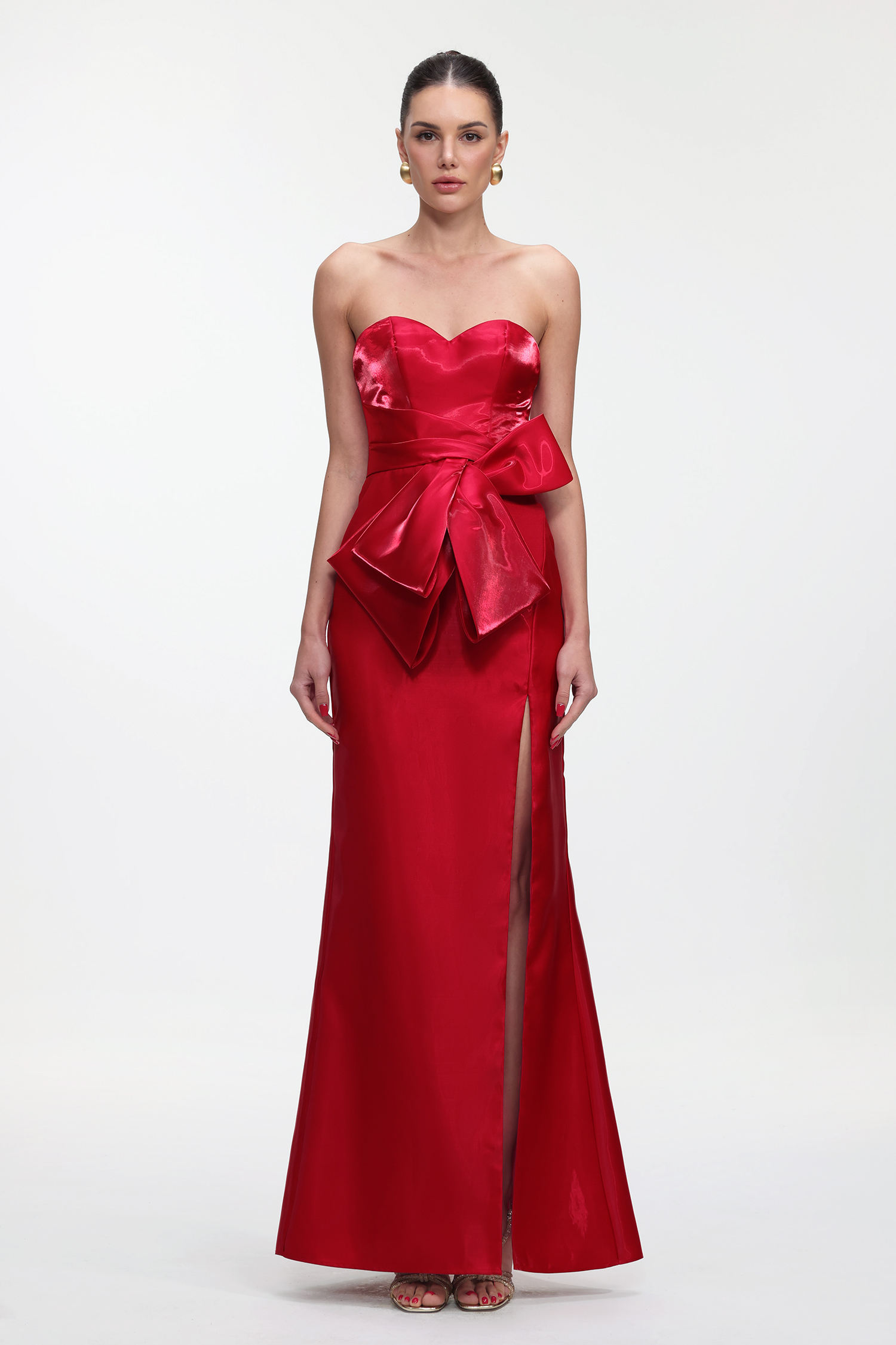 Mishell Romantic Lustrous Strapless Bow High Slit Maxi Dress