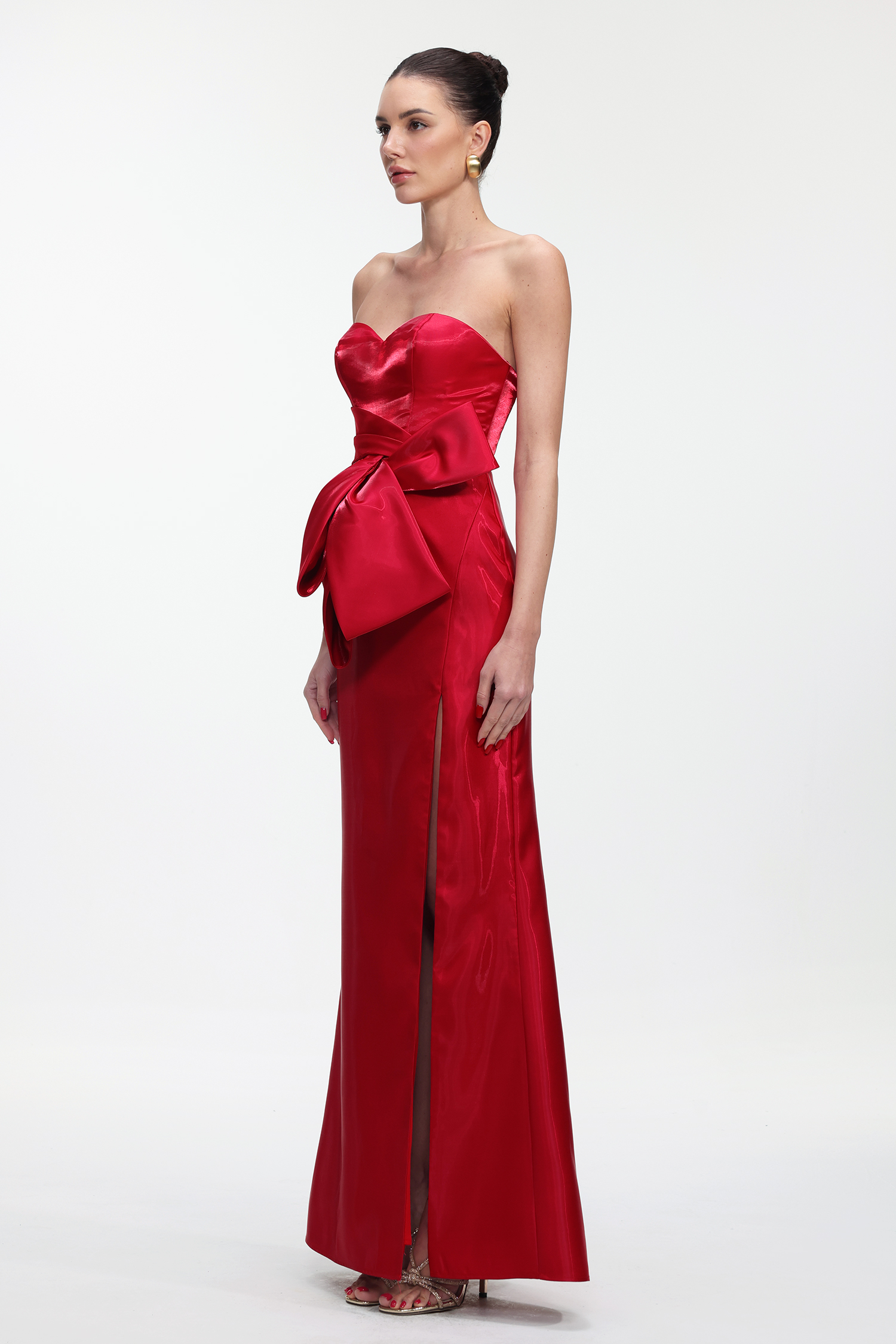 Mishell Romantic Lustrous Strapless Bow High Slit Maxi Dress