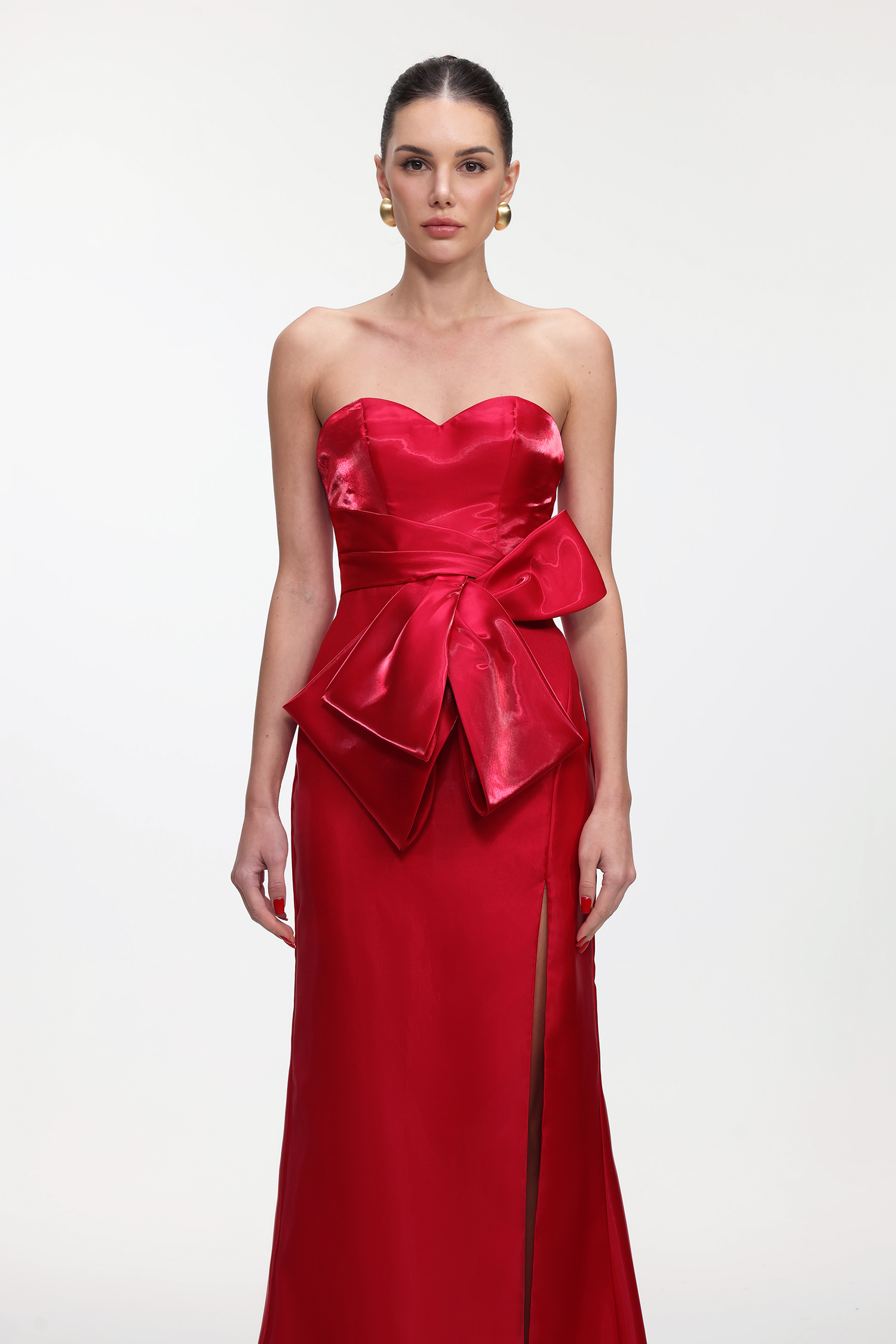 Mishell Romantic Lustrous Strapless Bow High Slit Maxi Dress