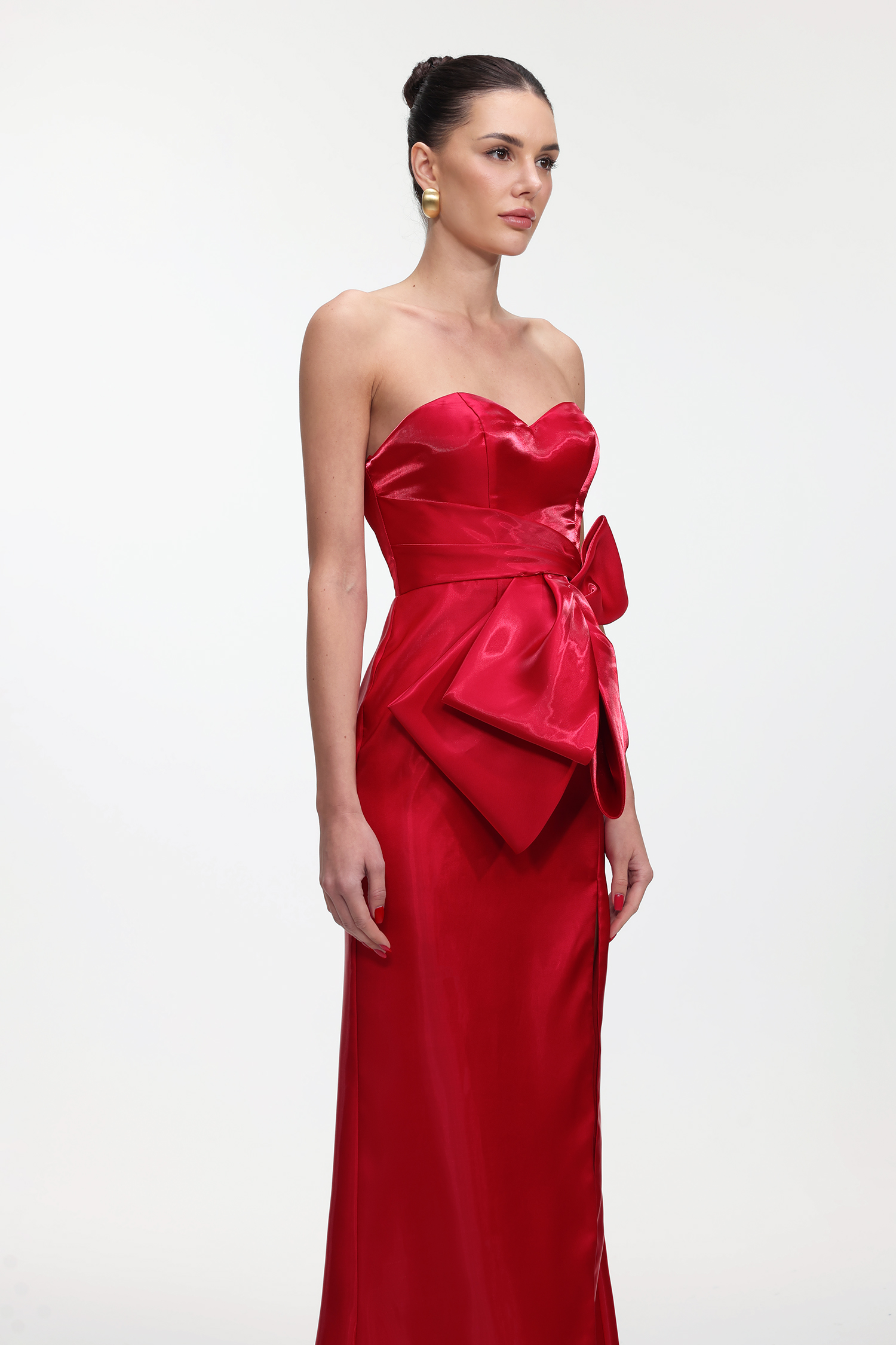 Mishell Romantic Lustrous Strapless Bow High Slit Maxi Dress