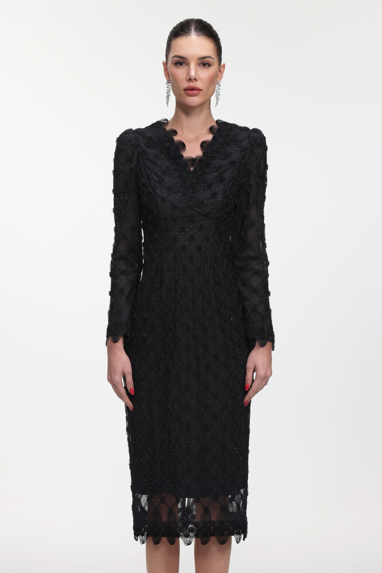 Yetta Elegant Contour V Neck Long Sleeve Lace Maxi Dress