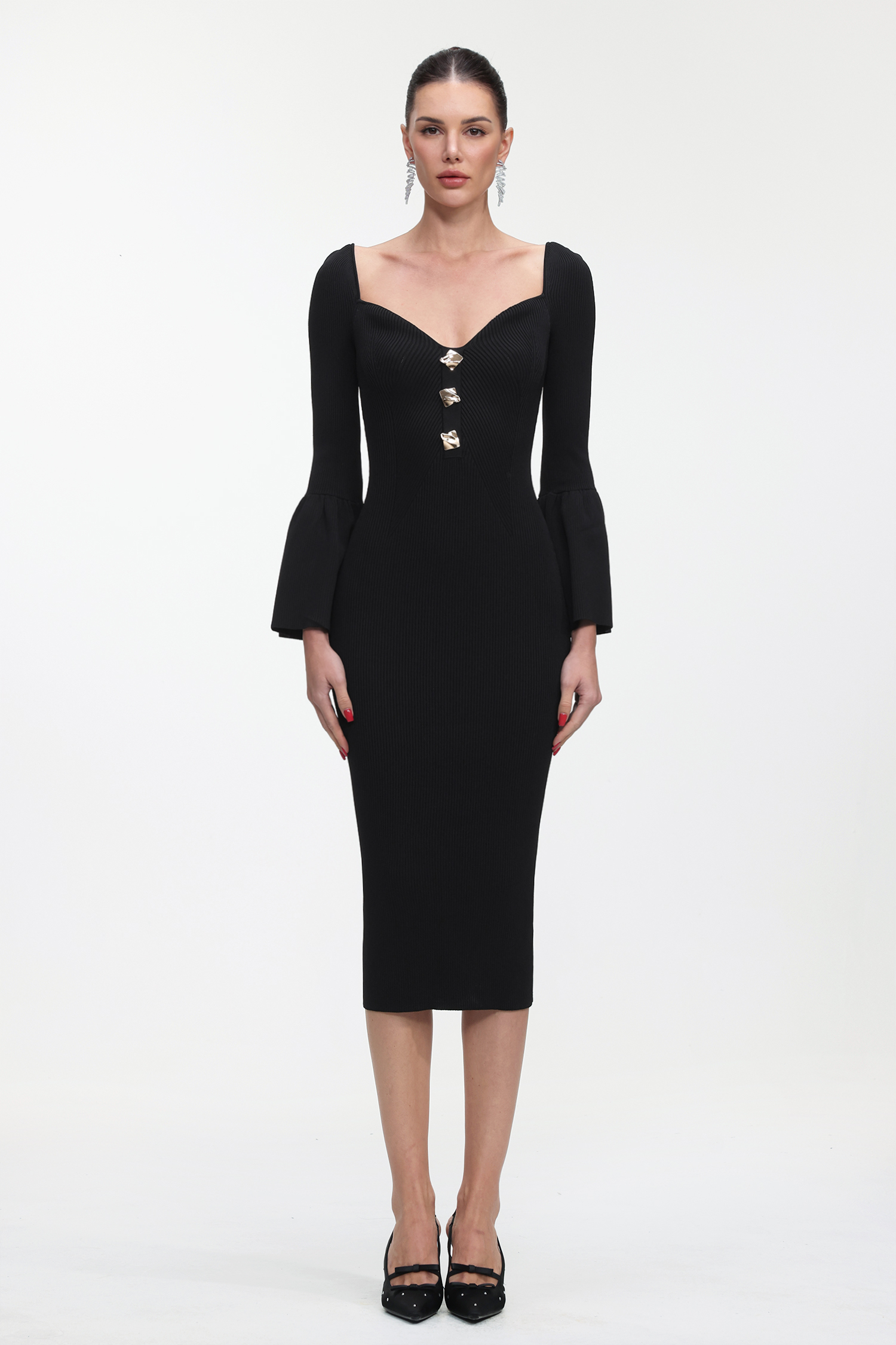 Salla Classic Contour Long Sleeve Gold Button Knit Maxi Dress