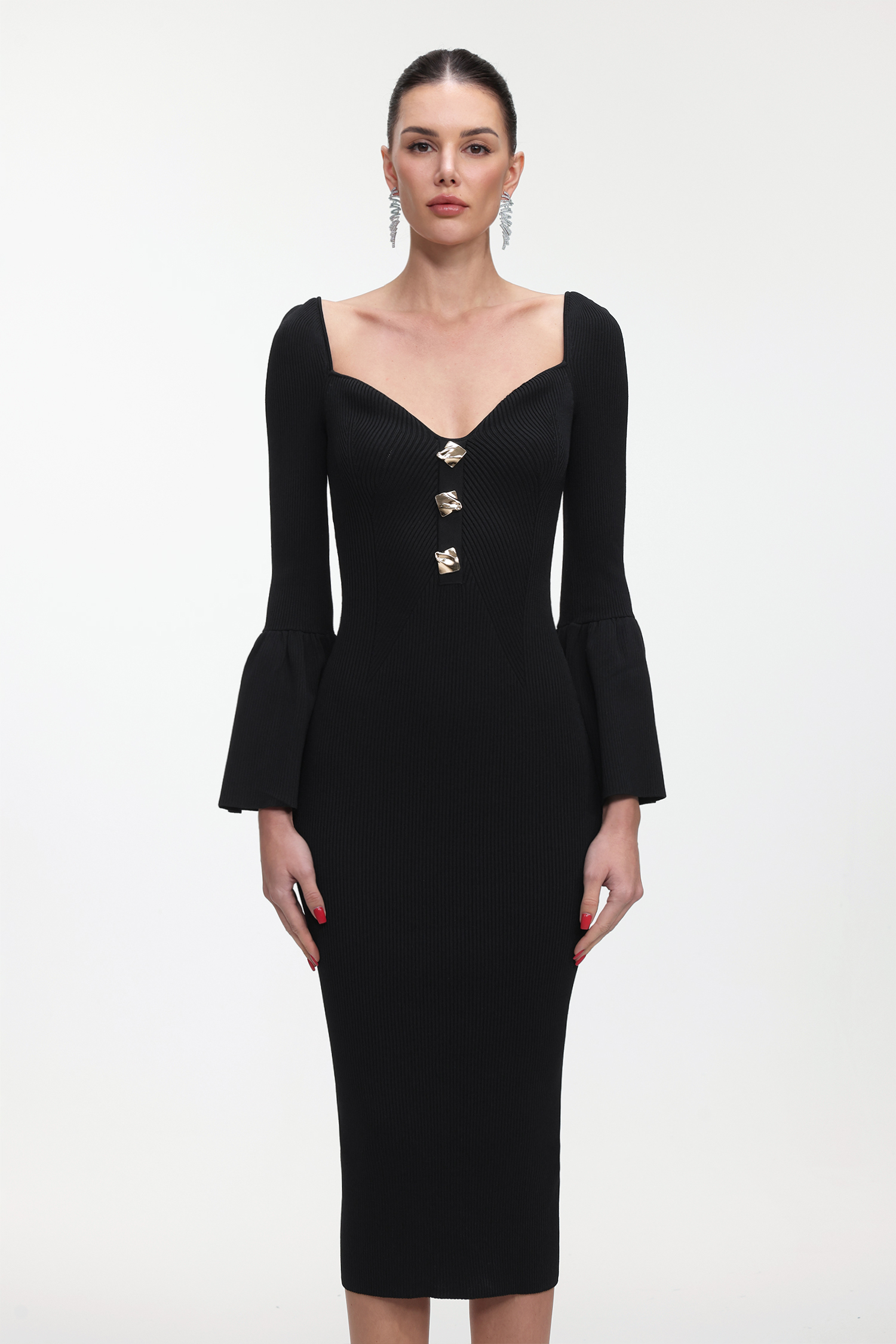 Salla Classic Contour Long Sleeve Gold Button Knit Maxi Dress