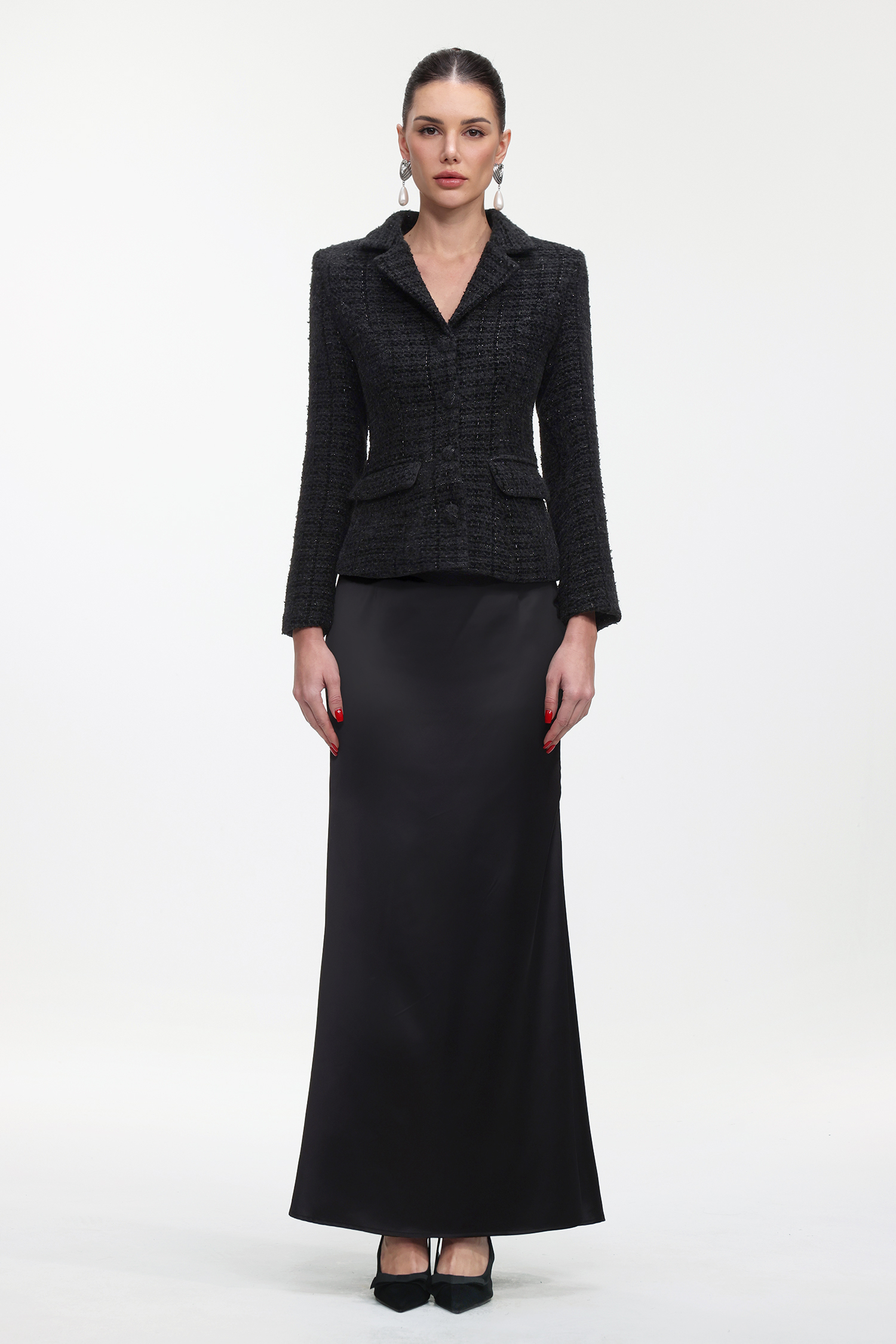 Vali Classic Tailored Long Sleeve Tweed Jacket and Skirt Set