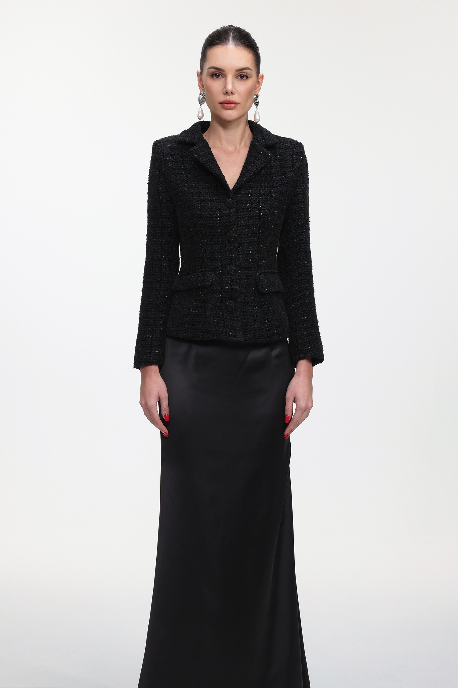 Vali Classic Tailored Long Sleeve Tweed Jacket and Skirt Set