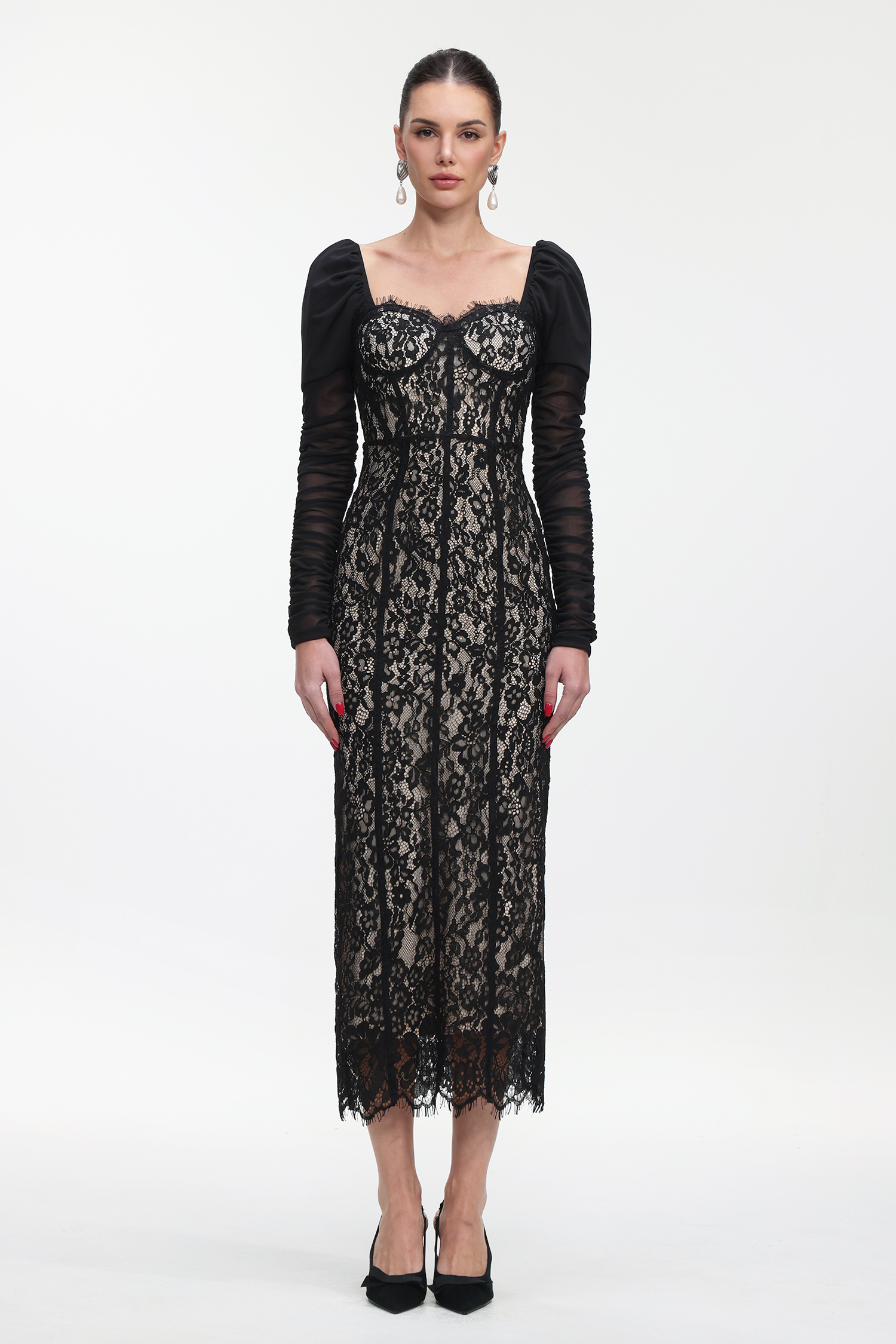 Fenby Contour Long Sleeve Ruched Lace Maxi Dress