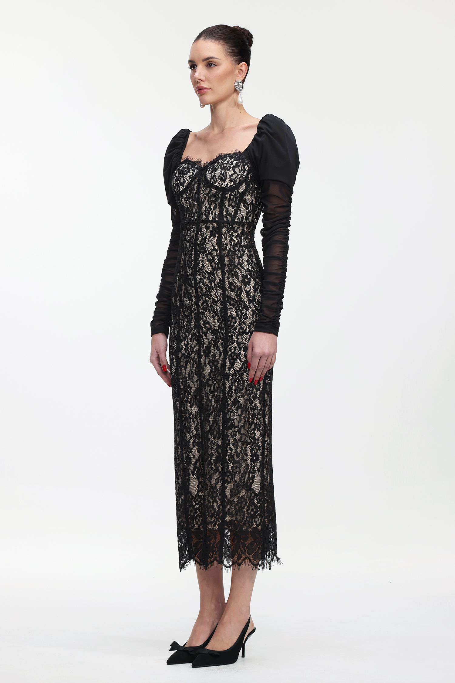 Fenby Contour Long Sleeve Ruched Lace Maxi Dress