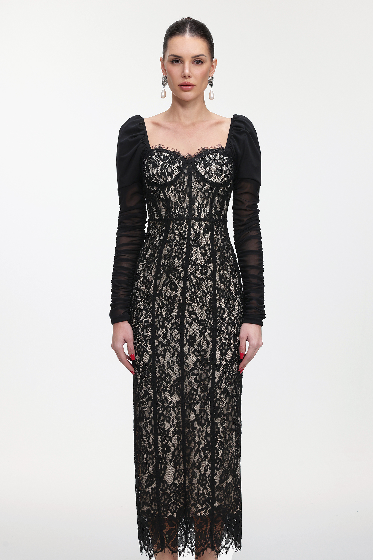 Fenby Contour Long Sleeve Ruched Lace Maxi Dress