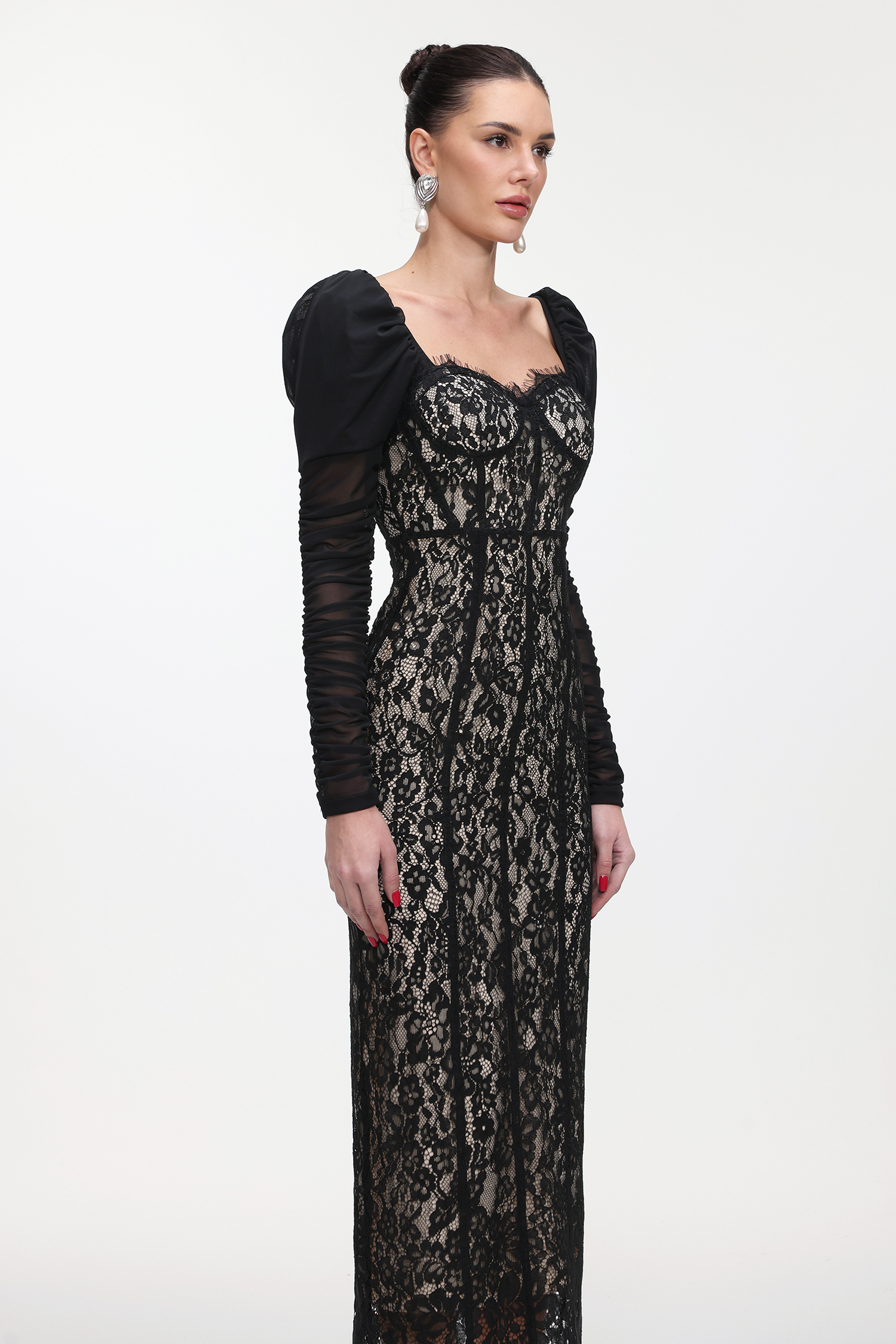 Fenby Contour Long Sleeve Ruched Lace Maxi Dress